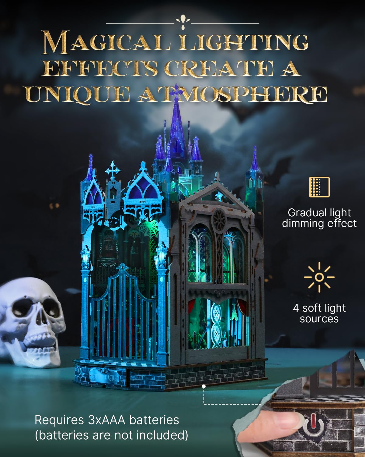 Halloween Book Nook Kit,Haunted House kit,3D Wooden Puzzle Miniature Booknook Bookend Bookshelf Decor with LED Light,Gothic Castle Bookshelf Insert for Home Decor Gift.