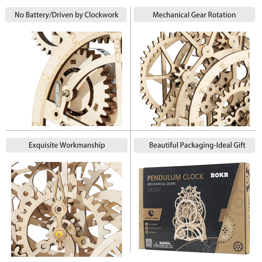ROKR 3D Wooden Mechanical Pendulum Clock Puzzle,Mechanical Gears Toy Building Set,Family Wooden Craft KIT Supplies-Best Birthday Gifts for Kids Adults to Build