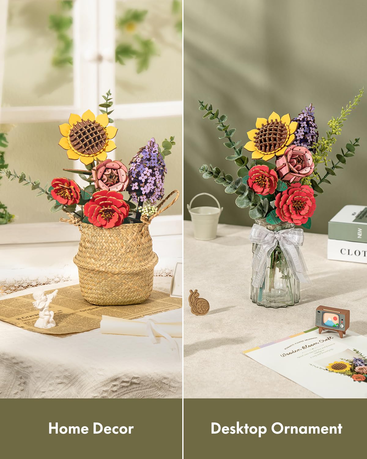 ROBOTIME Forever Flowers Bouquet, Wooden Flower Bouquet Building Kit TW01H, Sunflower/Red Camellia/Pink Rose/Lilac Gift for Mom/Wife