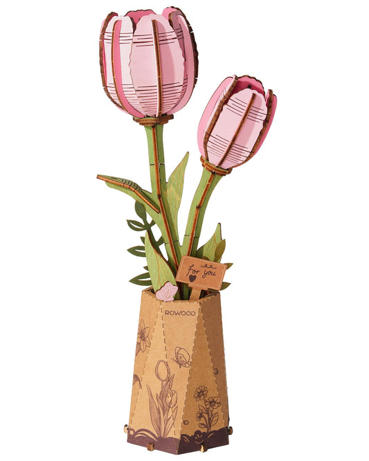 rowood Wooden Flower,3D Puzzles for Adults,Artifical Flower Botanical Collection Building Kit,Mother's Day/Valentine's Day Pink Tulip