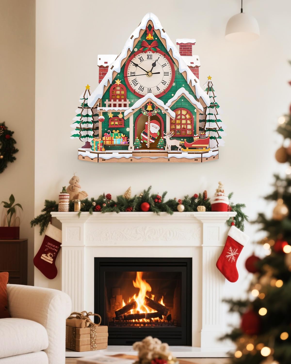 Swathie 3D Wooden Puzzles for Adults, Christmas House Clock with Pendulum Model Kit, 3D Puzzles for Adults Room Home Desk Decor DIY Clock Kit, Holiday Birthday Christmas Day Gifts for Men Women Teens