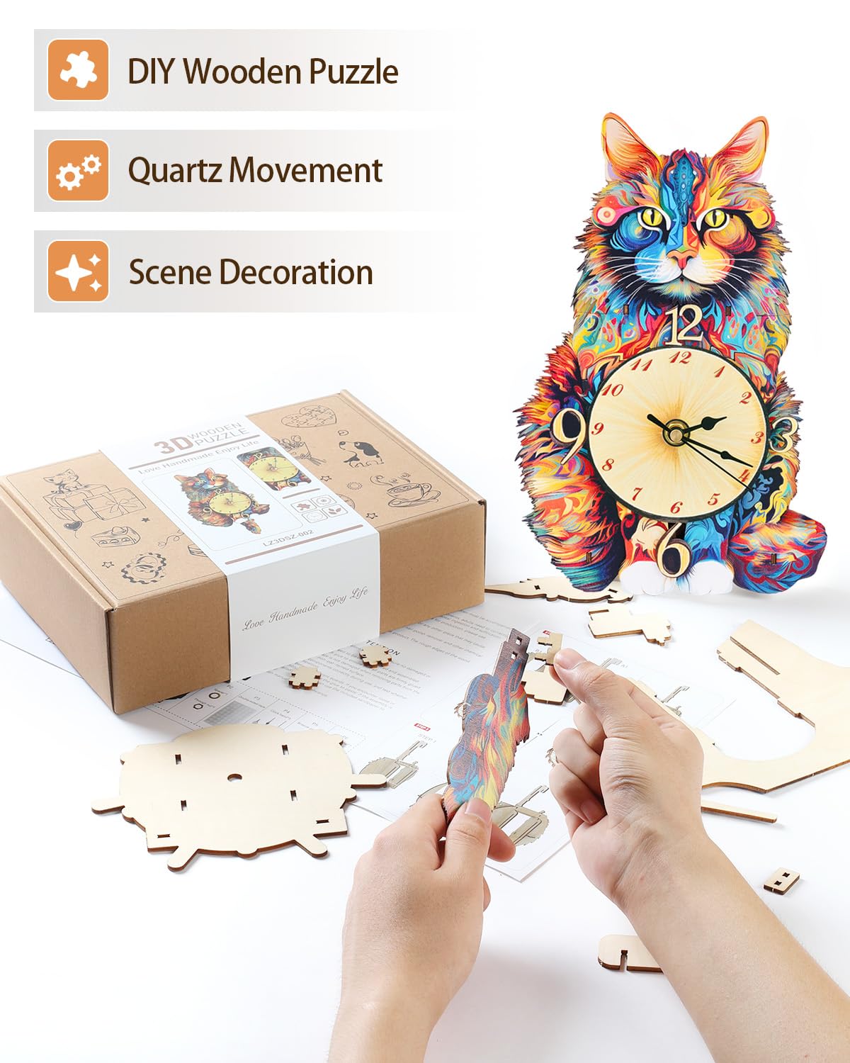 Rnfinewow 3D Wooden Puzzles for Adults, Maine Coon Cat Clock DIY Kit, Beginner 22 Pcs Wooden Puzzles, Creative Gift Ideas for Adults Teens