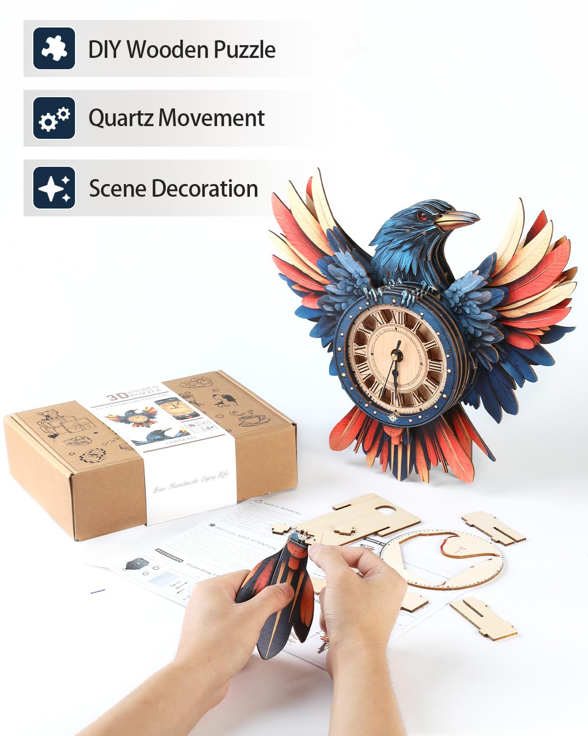 Rnfinewow 3D Wooden Puzzles for Adults,3D Puzzles for Adults Raven DIY Wall Clock Kit with Pendulum, 34 Pieces 3D Wooden Puzzles,Creative Gift Idea for Teens & Adults