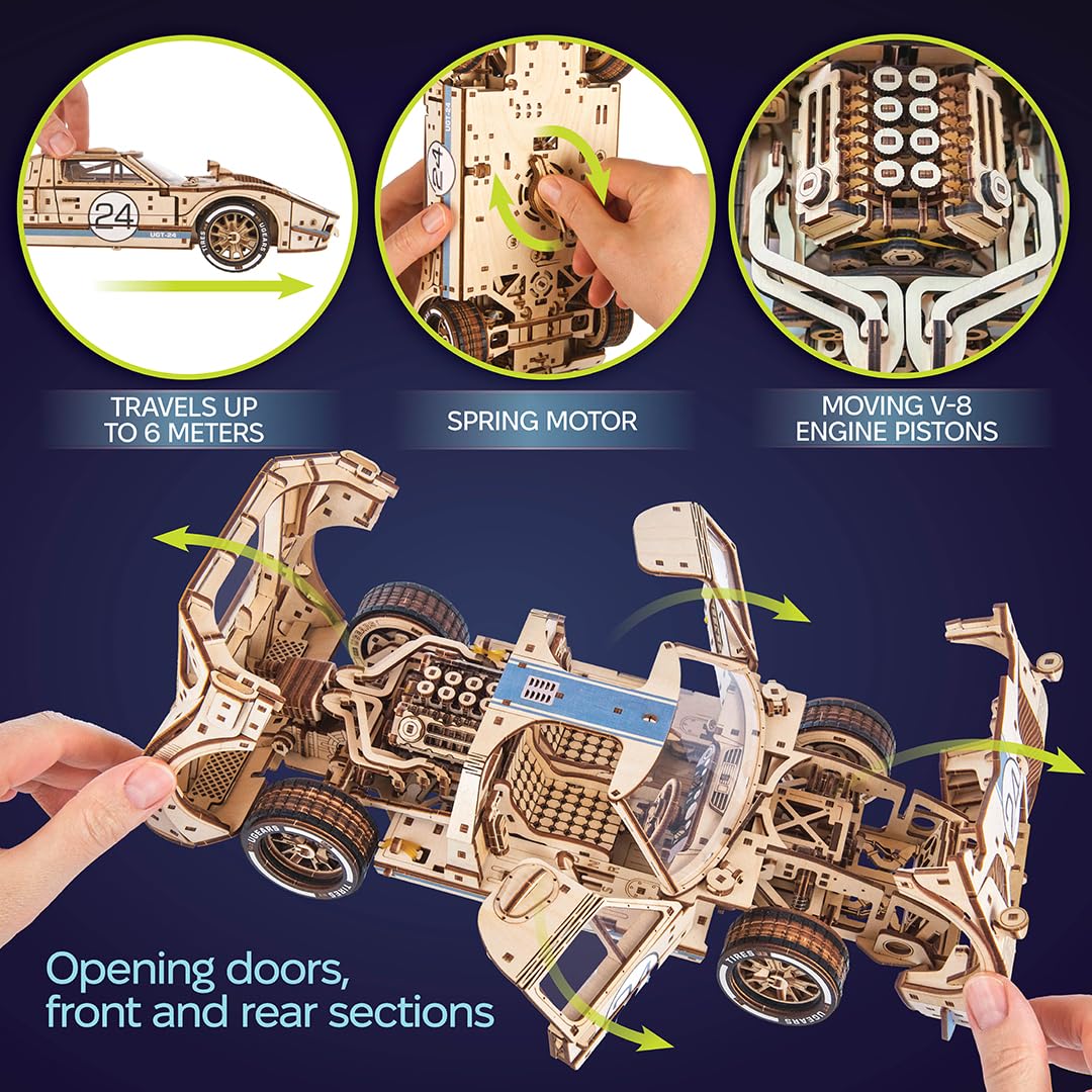 UGEARS UGT-24 Endurance Racer 3D Wooden Puzzles for Adults - DIY Model Car Kits 3D Puzzle, Mechanical Wooden Model Kits for Adults to Build, Wood Sports Car Racing Brain Teaser, Hobby Gift
