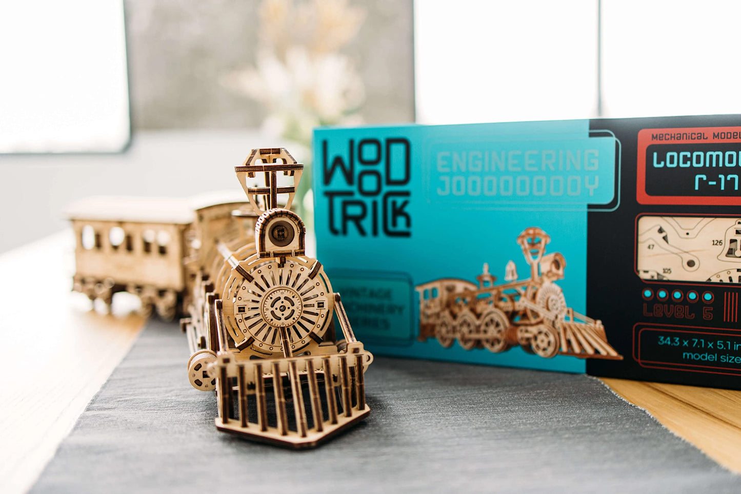 Wood Trick Wooden Toy Train Set with Railway - 34x7″ - Locomotive Train Toy Mechanical Model Kit - 3D Wooden Puzzles for Adults to Build - Engineering DIY Models for Adults to Build