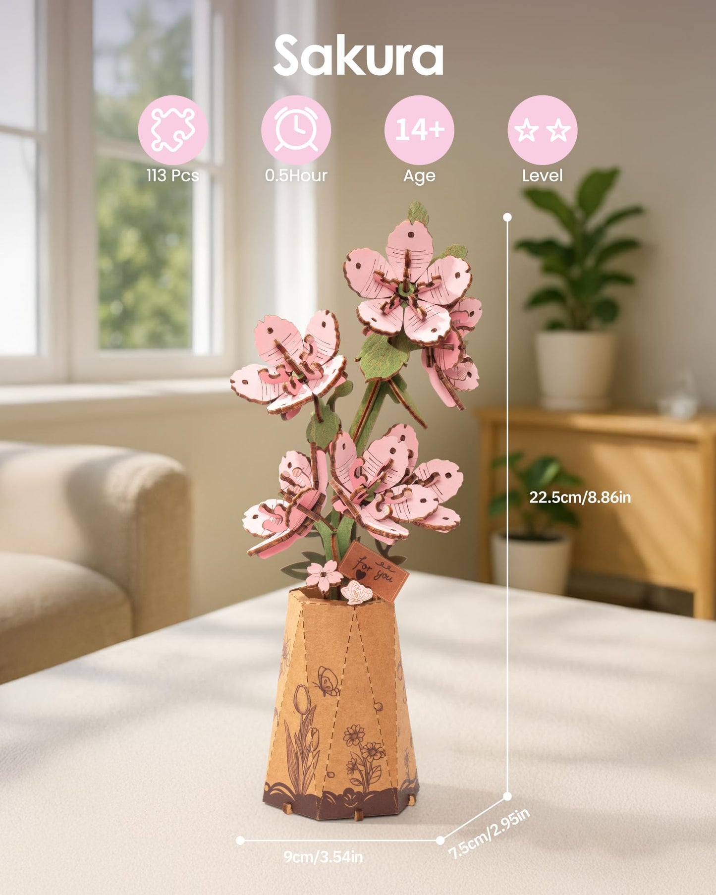 Rowood 3D Puzzles for Adults,DIY Wooden Cherry Blossom Bonsai Tree Botanical Collection Building Craft Kits for Women,Christmas/Birthday Gift- Sakura