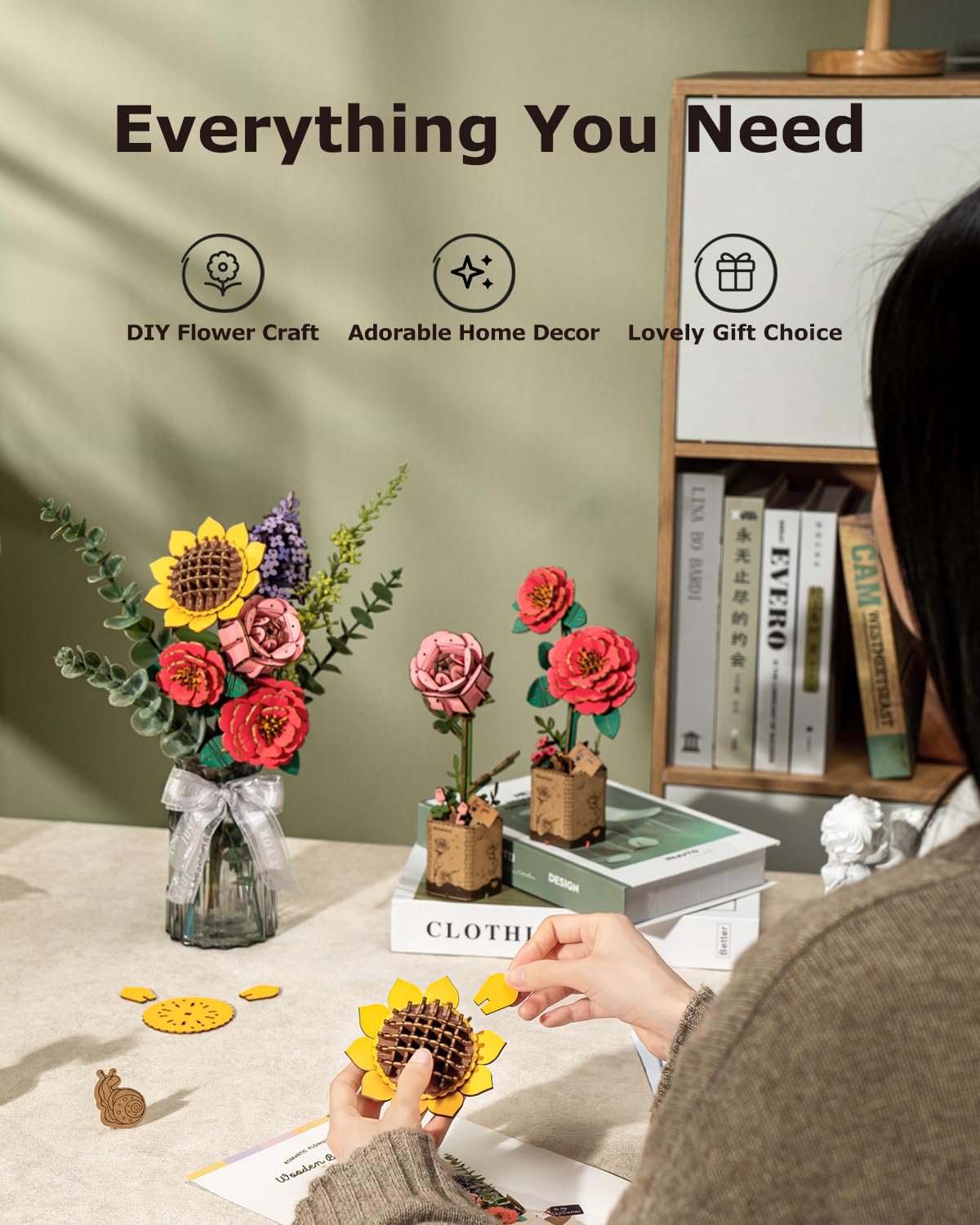 ROBOTIME Forever Flowers Bouquet, Wooden Flower Bouquet Building Kit TW01H, Sunflower/Red Camellia/Pink Rose/Lilac Gift for Mom/Wife