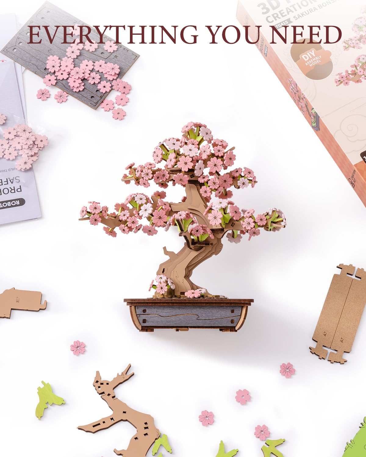 ROBOTIME Sakura Bonsai 3D Puzzles Wooden Artificial Cherry Blossom Tree DIY Model Building Kit for Home Decoration and Office Art Creative Gifts