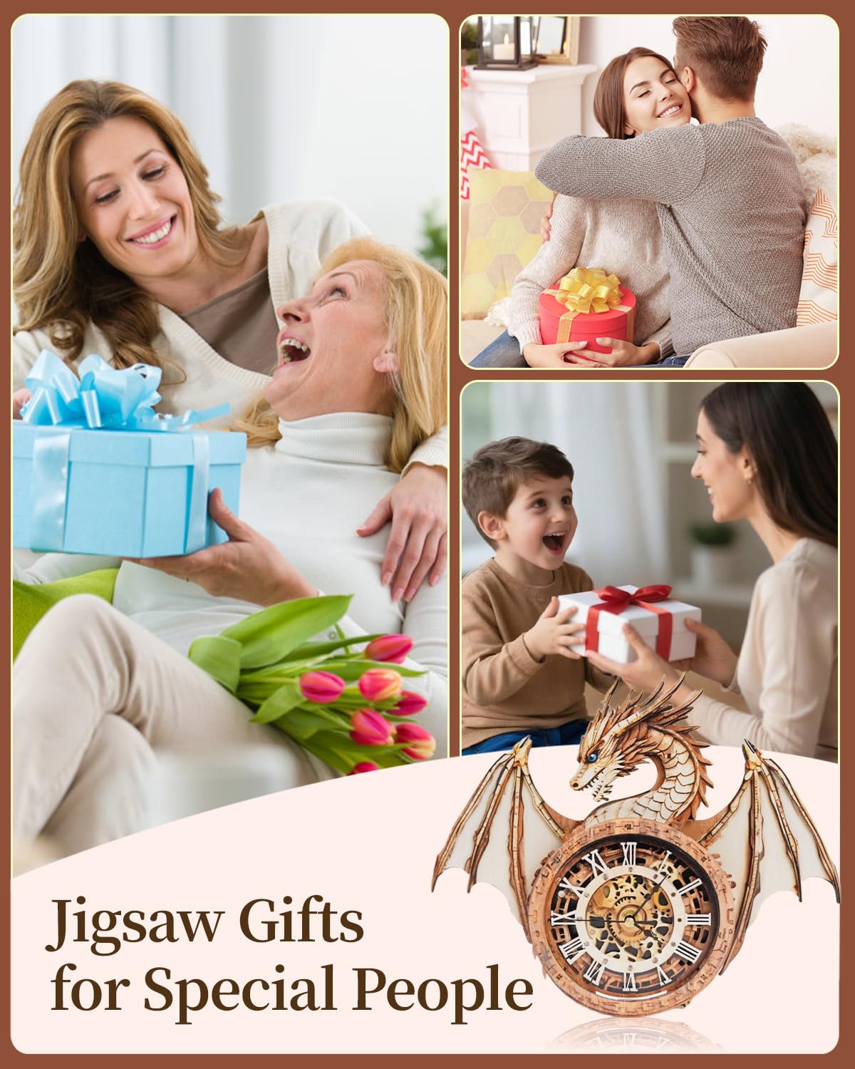 Rnfinewow 3D Wooden Puzzles for Adults, 3D Puzzle Dragon Clock Kit (with Pendulum), Wooden Puzzle for Adults Home Decor Clock Crafts for Adult Christmas Day Puzzle Gifts for Men Women