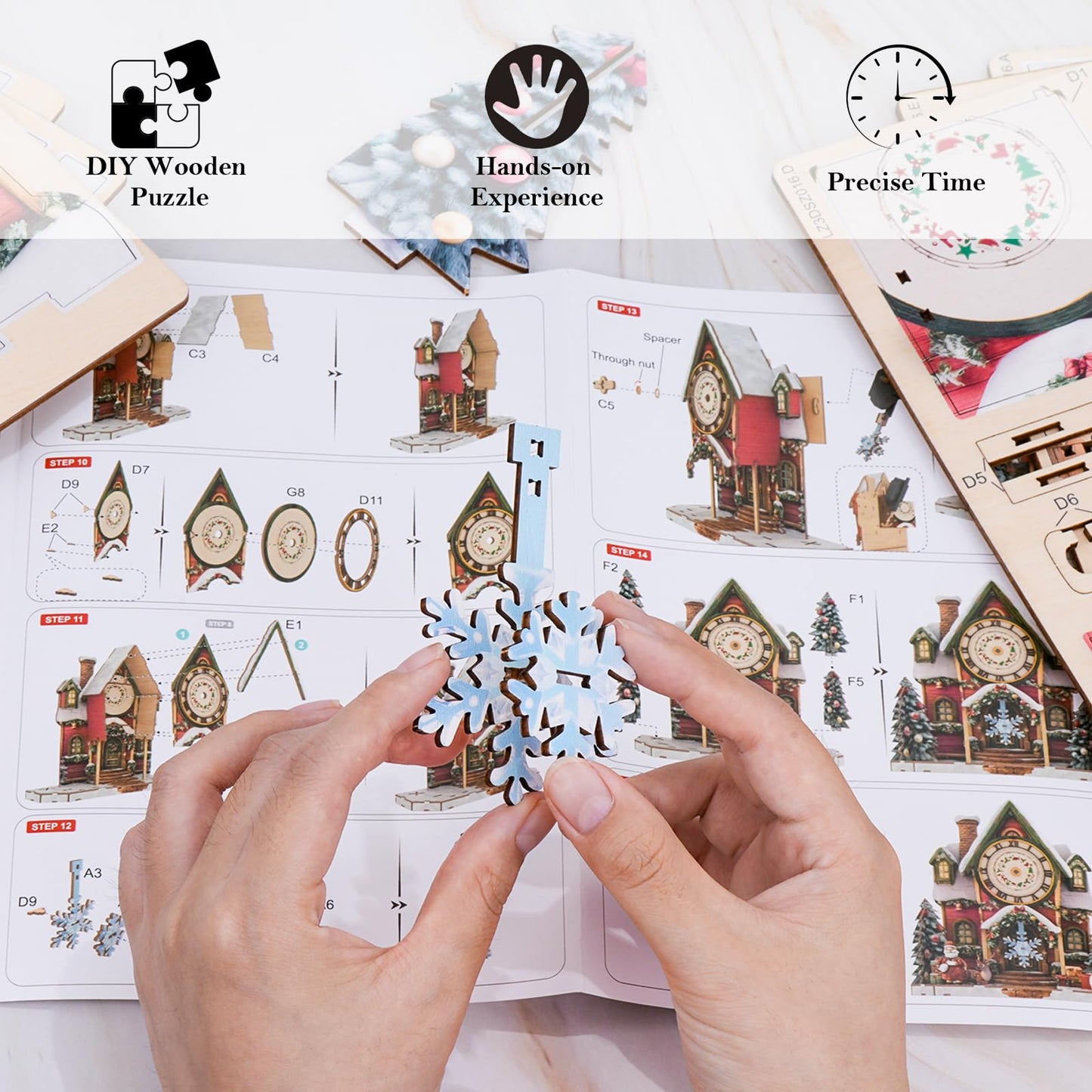 Cutywood 3D Puzzles for Adults Clock-Christmas House Design Model Kit-Mechanical DIY Pendulum Clock with Roman Numerals-Desk Home Office Decor Personalized Gift for DIY Lovers