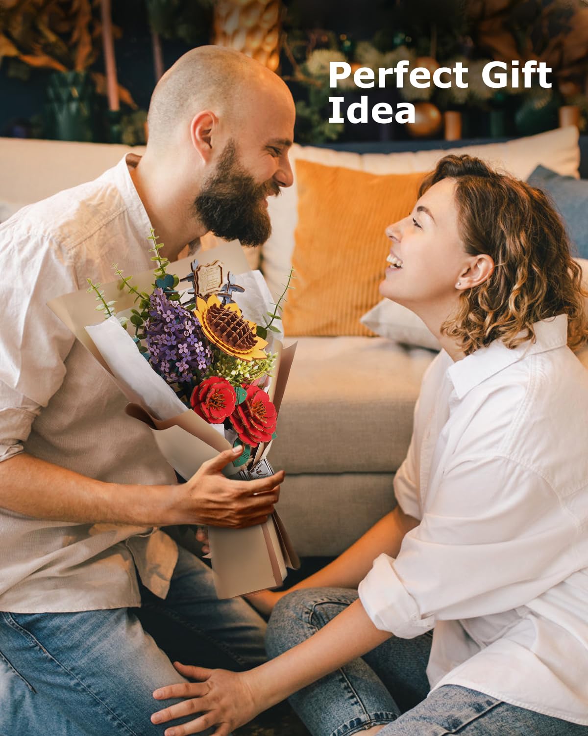 ROBOTIME Forever Flowers Bouquet, Wooden Flower Bouquet Building Kit TW01H, Sunflower/Red Camellia/Pink Rose/Lilac Gift for Mom/Wife