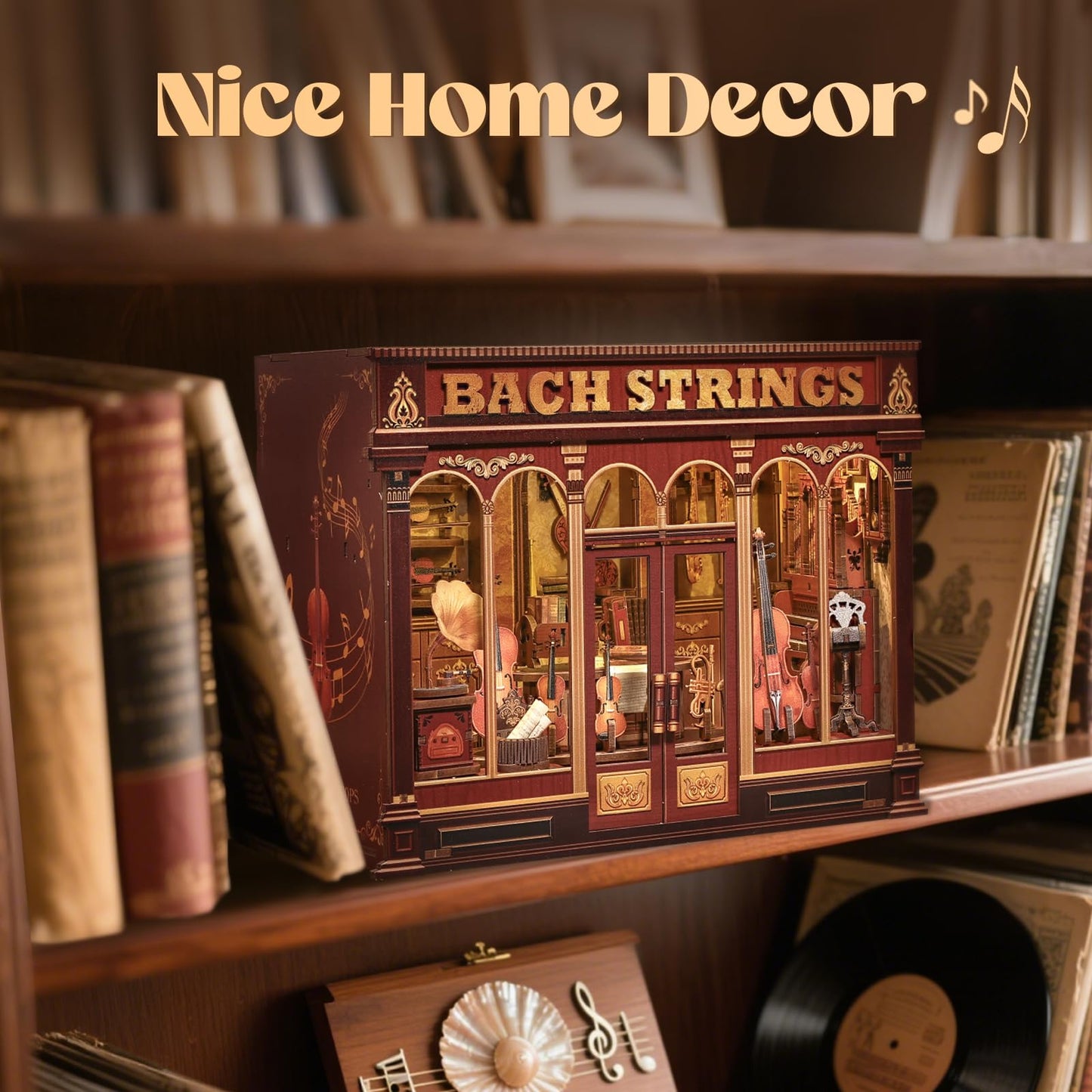 Cutefun Book Nook Kit - DIY Miniature House Dollhouse Kit, Book Nook Kits for Adults, Bookshelf Insert Bookend with LED Light for Teens and Adults (Bach Strings)