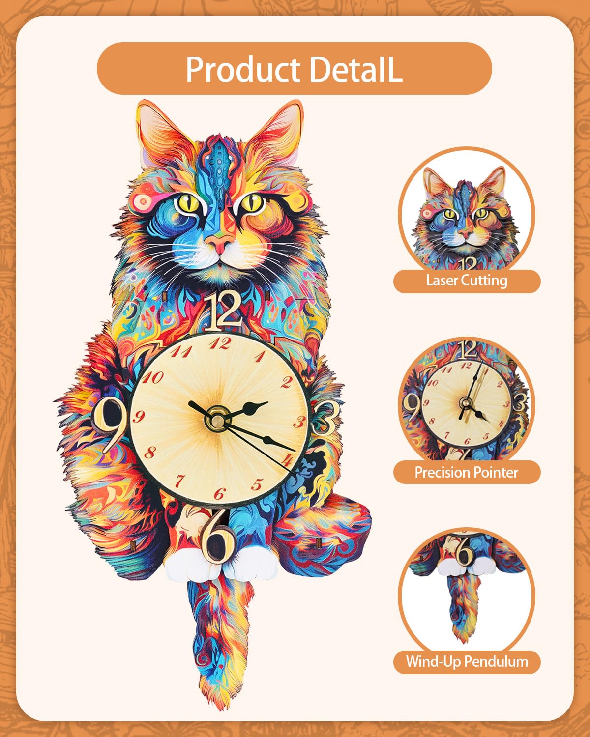 Rnfinewow 3D Wooden Puzzles for Adults, Maine Coon Cat Clock DIY Kit, Beginner 22 Pcs Wooden Puzzles, Creative Gift Ideas for Adults Teens