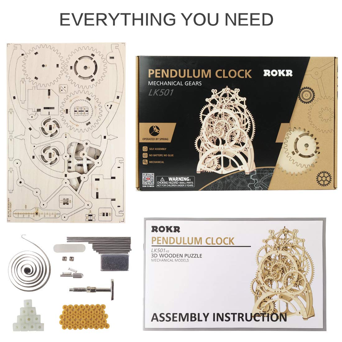 ROKR 3D Wooden Mechanical Pendulum Clock Puzzle,Mechanical Gears Toy Building Set,Family Wooden Craft KIT Supplies-Best Birthday Gifts for Kids Adults to Build