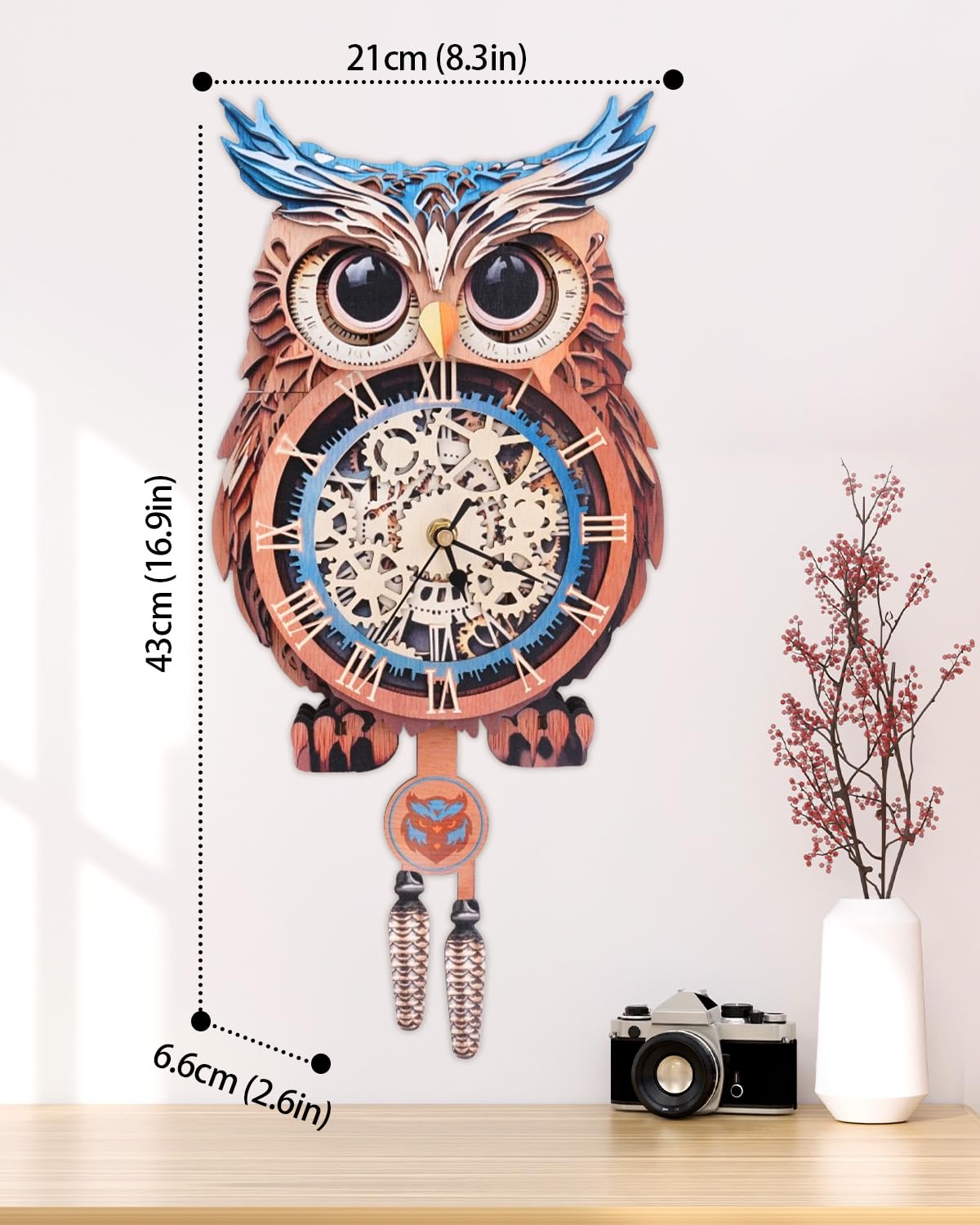 Rnfinewow 3D Wooden Puzzles for Adults, Owl Clock with Pendulum Model Kit, 3D Puzzles for Adults Room Home Decor DIY Wall Clock Kit, Holiday Birthday Christmas Day Gifts for Men Women Teens