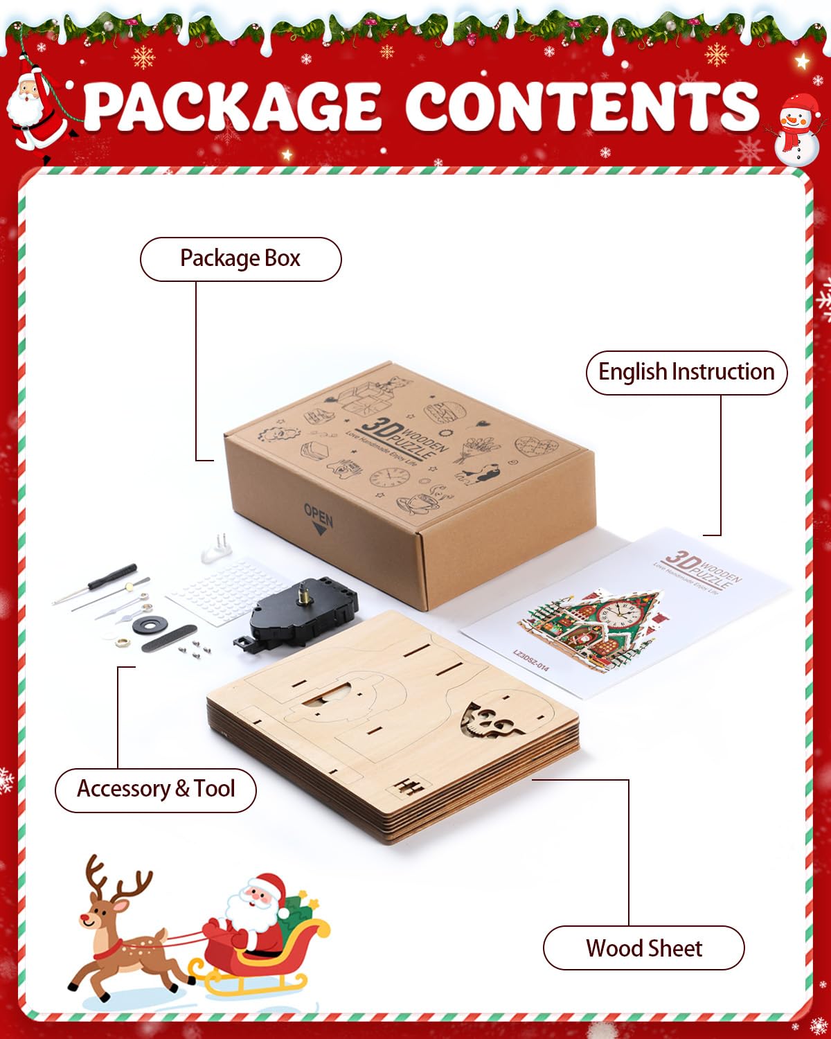 Swathie 3D Wooden Puzzles for Adults, Christmas House Clock with Pendulum Model Kit, 3D Puzzles for Adults Room Home Desk Decor DIY Clock Kit, Holiday Birthday Christmas Day Gifts for Men Women Teens