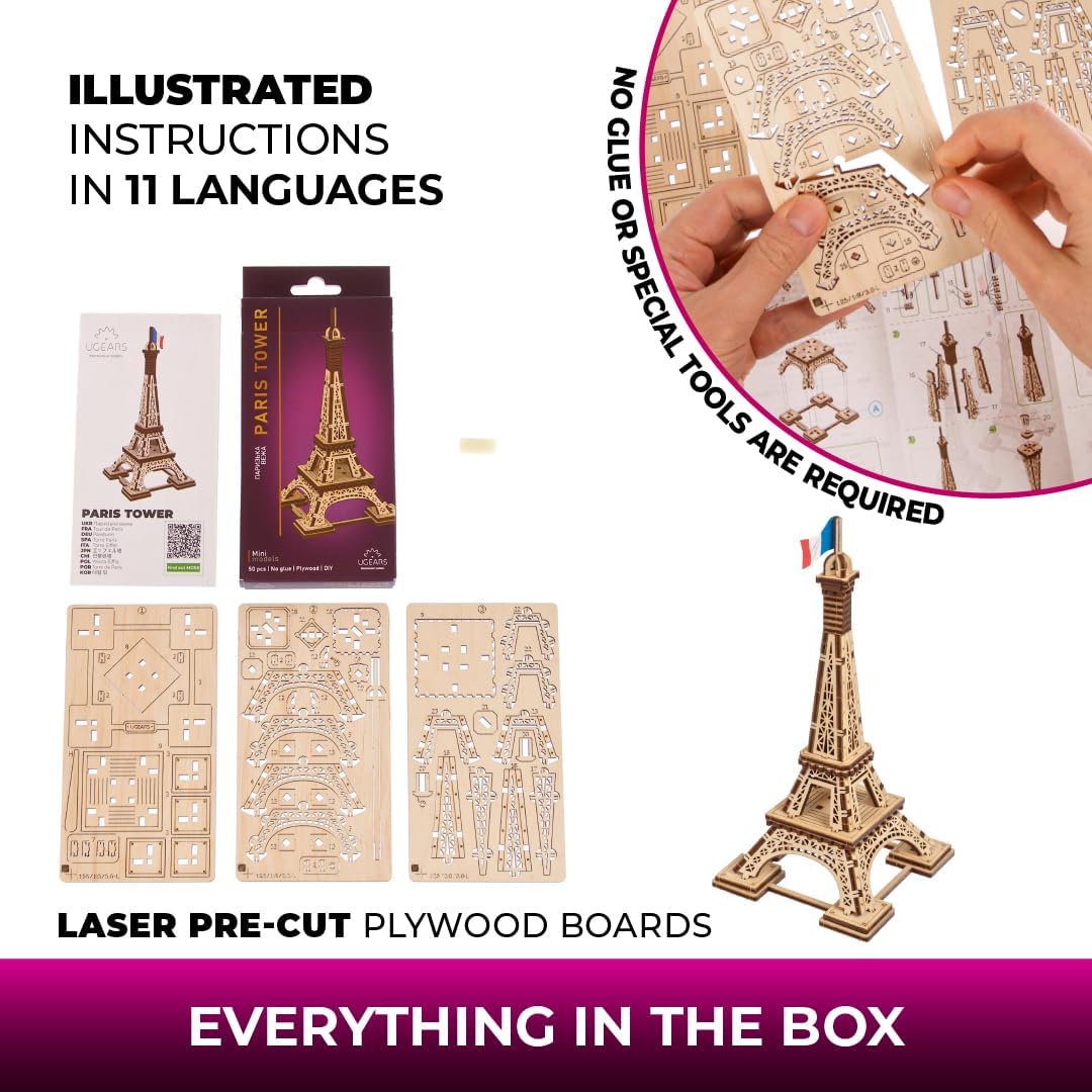 UGEARS Wooden 3D Puzzle Paris Eiffel Tower Iconic Model for Adults Easy Assembly DIY Miniature Kit 50 Pcs