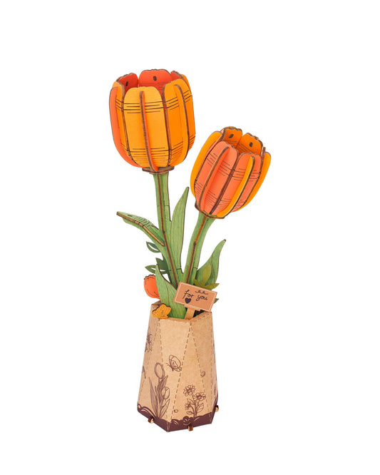 rowood Wooden Flower,DIY Artifical Flower Building Set Craft Kit for Adults,Mother's Day/Valentine's Day for Mom/Women/Grandma-Orange Tulip