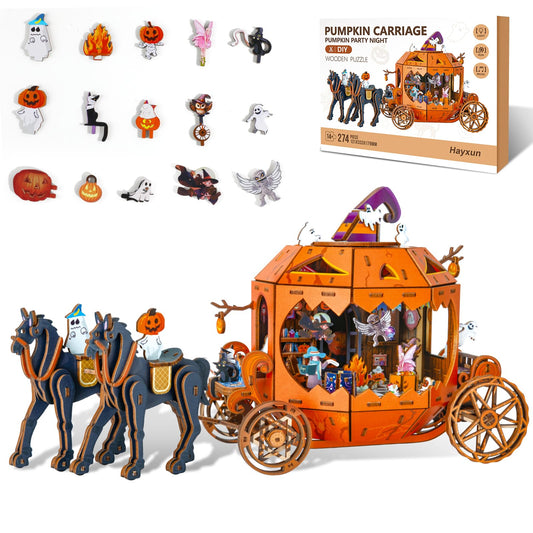 Halloween 3D Wooden Puzzles for Adults, 274 PCS Pumpkin Carriage Puzzle Kit Model with Lights, Music Box & Running Carriage, Boo Basket Stuffers Halloween Toy Gift for Teens, Men & Women