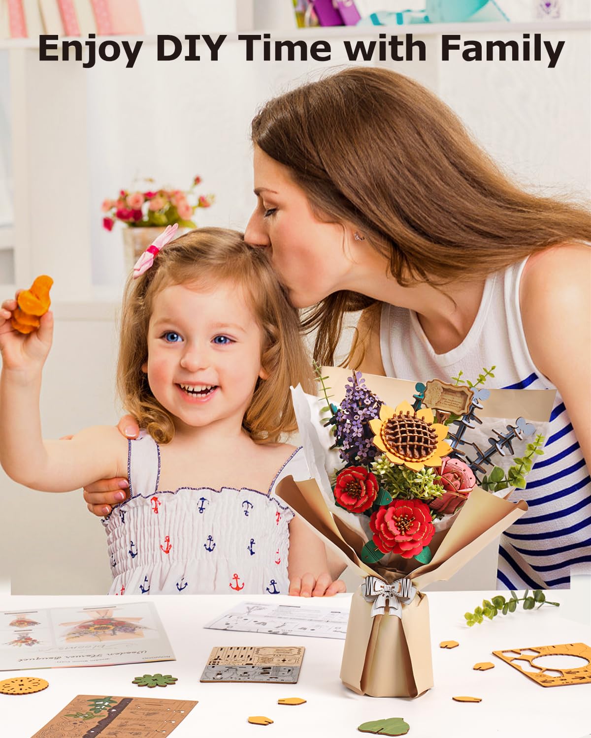 ROBOTIME Forever Flowers Bouquet, Wooden Flower Bouquet Building Kit TW01H, Sunflower/Red Camellia/Pink Rose/Lilac Gift for Mom/Wife