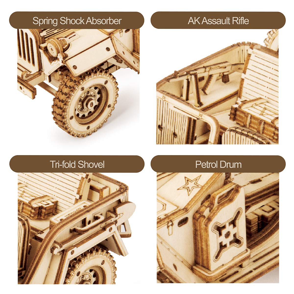 ROKR 3D Wooden Puzzle for Adults-Mechanical Car Model Kits-Brain Teaser Puzzles-Vehicle Building Kits-Unique Gift for Kids on Birthday/Christmas Day(1:18 Scale)(MC701-Army Field Car)