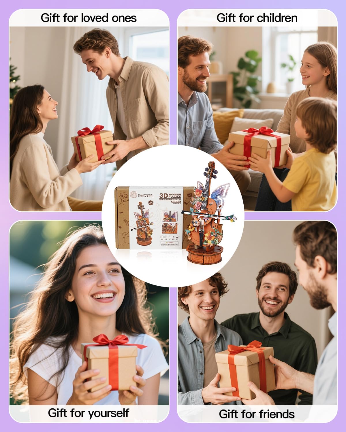 Rnfinewow 3D Wooden Puzzles for Adults, DIY Cello Model Kit with Base, 80pcs Wooden Music Box Desk Birthday Hobbies Craft for Women Men Home Decor