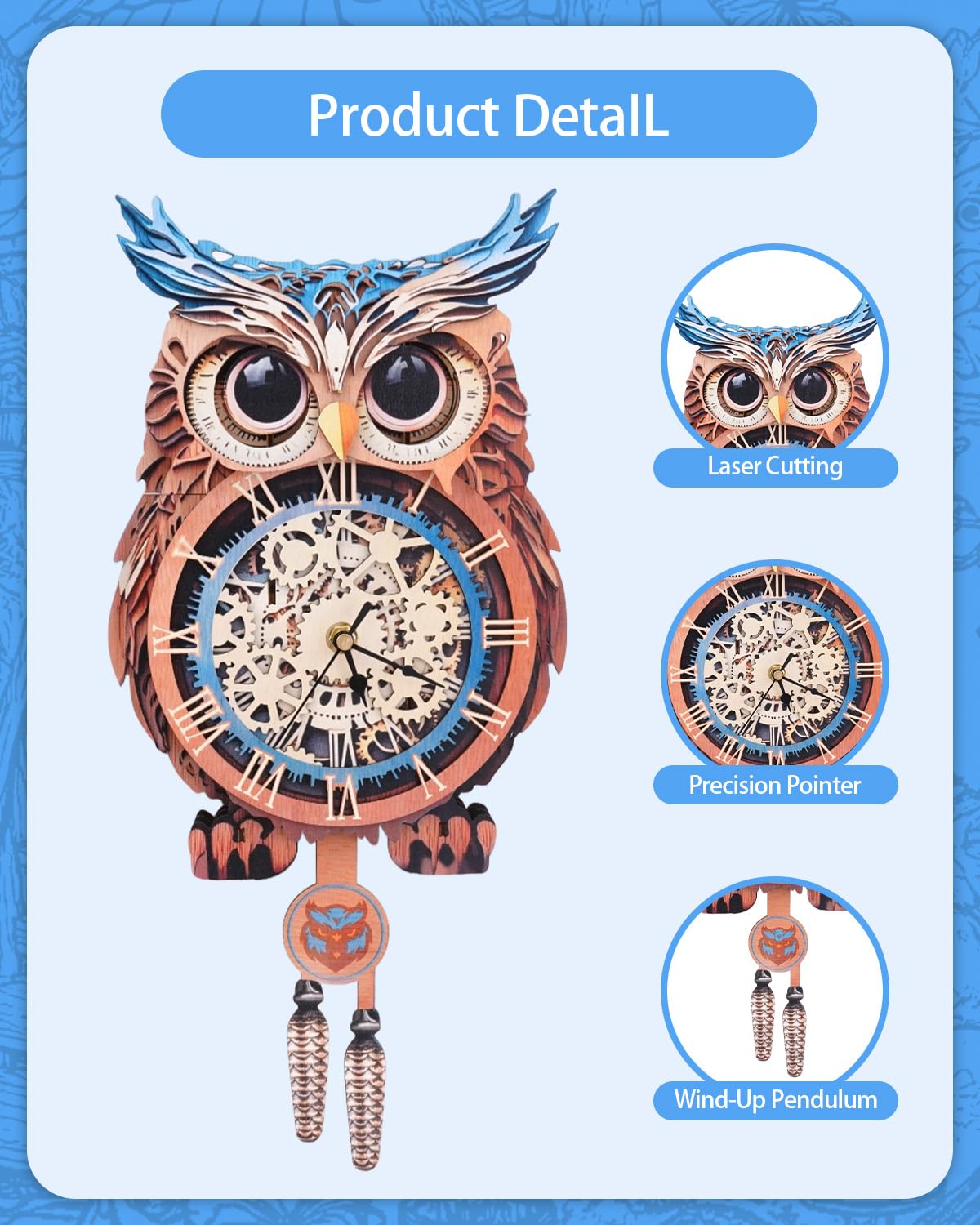 Rnfinewow 3D Wooden Puzzles for Adults, Owl Clock with Pendulum Model Kit, 3D Puzzles for Adults Room Home Decor DIY Wall Clock Kit, Holiday Birthday Christmas Day Gifts for Men Women Teens