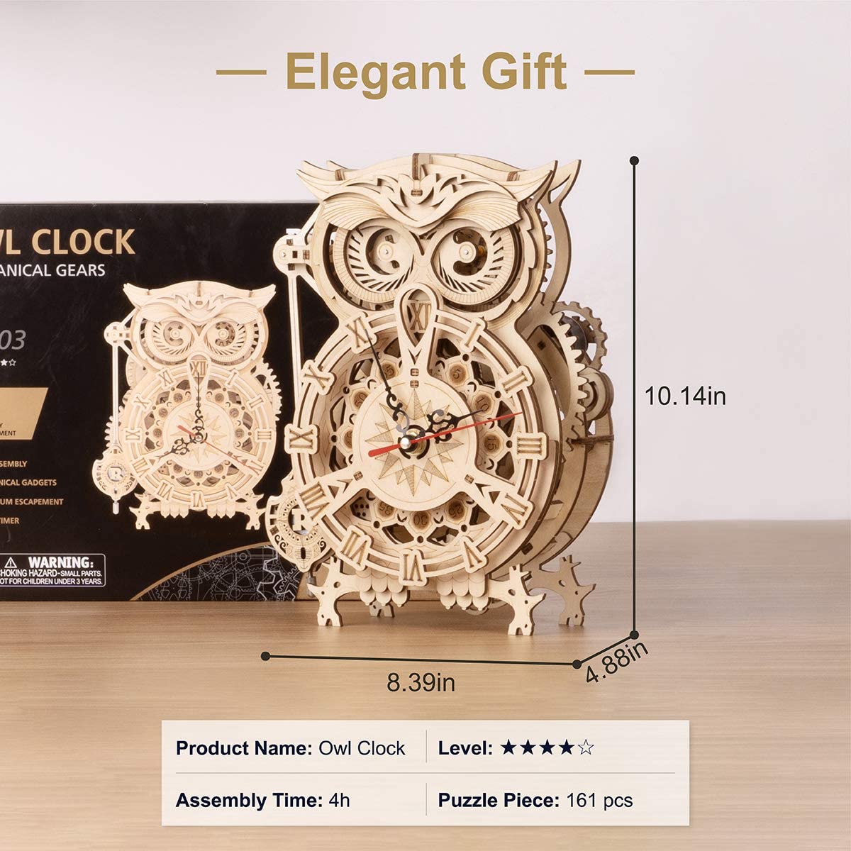 ROKR 3D Wooden Puzzles for Adults Owl Clock - Mechanical Model Building Kit DIY Hobbies for Men Women 161PCS Clock Puzzle Creative Craft Gift Home Decor for Family