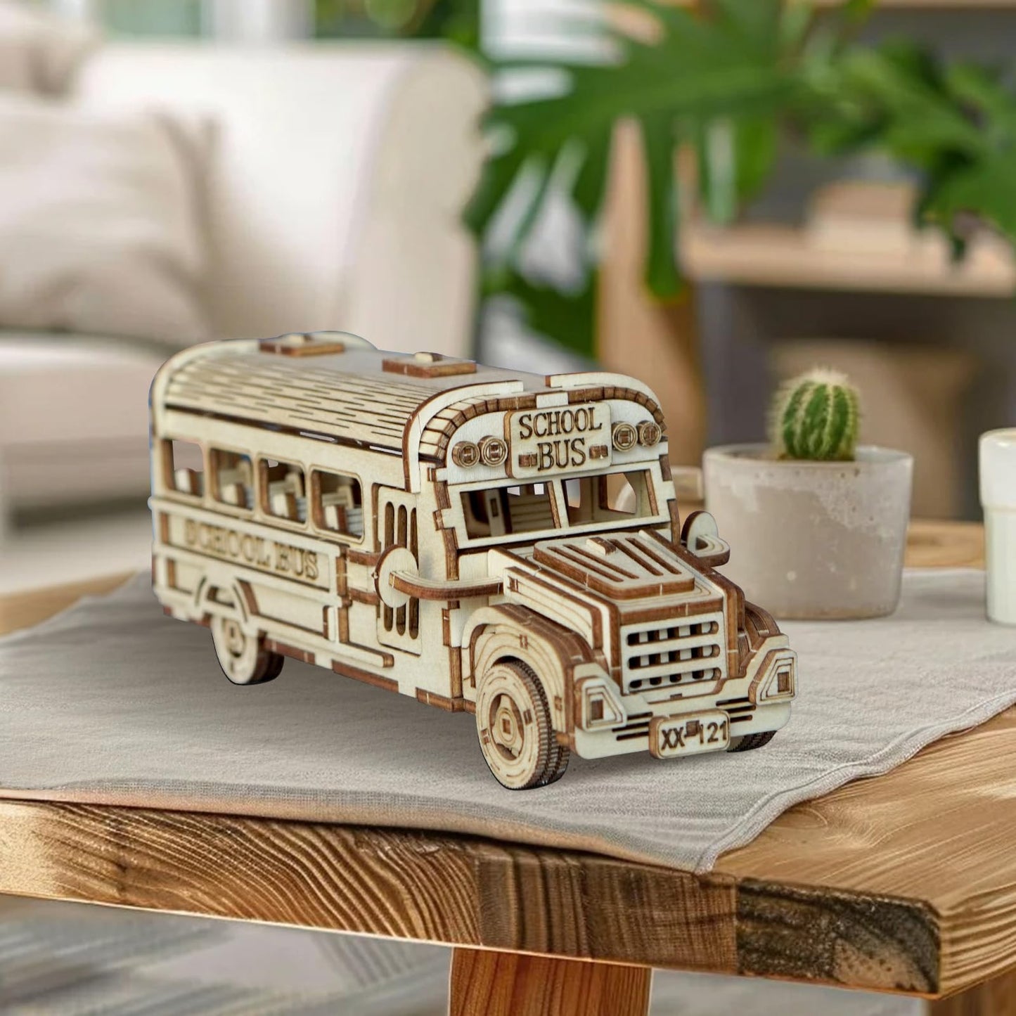 Foyucool 3D Wooden Puzzle for Adults, DIY Creative School Bus Design Model Kit, Creative Assembly Model Building Kits to Build for Adults, DIY Assembly Puzzle for Christmas Day