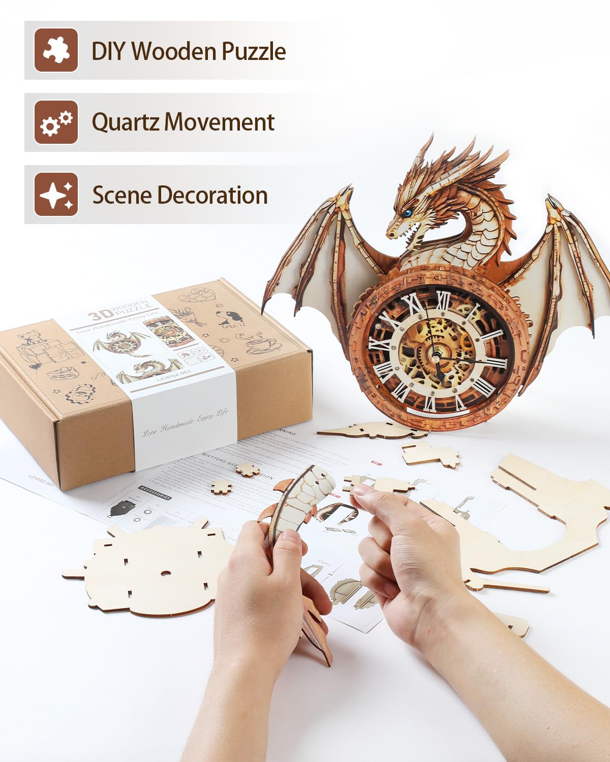 Rnfinewow 3D Wooden Puzzles for Adults, 3D Puzzle Dragon Clock Kit (with Pendulum), Wooden Puzzle for Adults Home Decor Clock Crafts for Adult Christmas Day Puzzle Gifts for Men Women