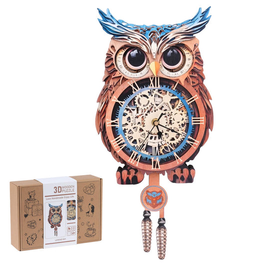 Rnfinewow 3D Wooden Puzzles for Adults, Owl Clock with Pendulum Model Kit, 3D Puzzles for Adults Room Home Decor DIY Wall Clock Kit, Holiday Birthday Christmas Day Gifts for Men Women Teens