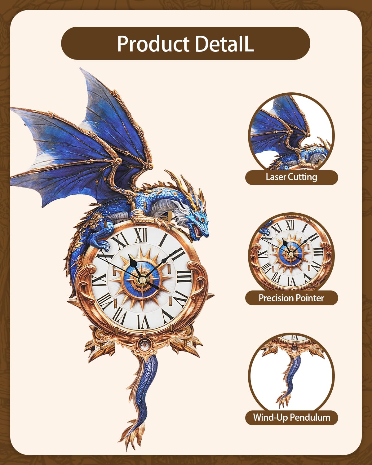Rnfinewow 3D Wooden Puzzles for Adults, Blue Dragon Clock with Pendulum Model Kit, 3D Puzzles for Adults Room Home Decor DIY Wall Clock Kit, Holiday Birthday Christmas Day Gifts for Men Women Teens