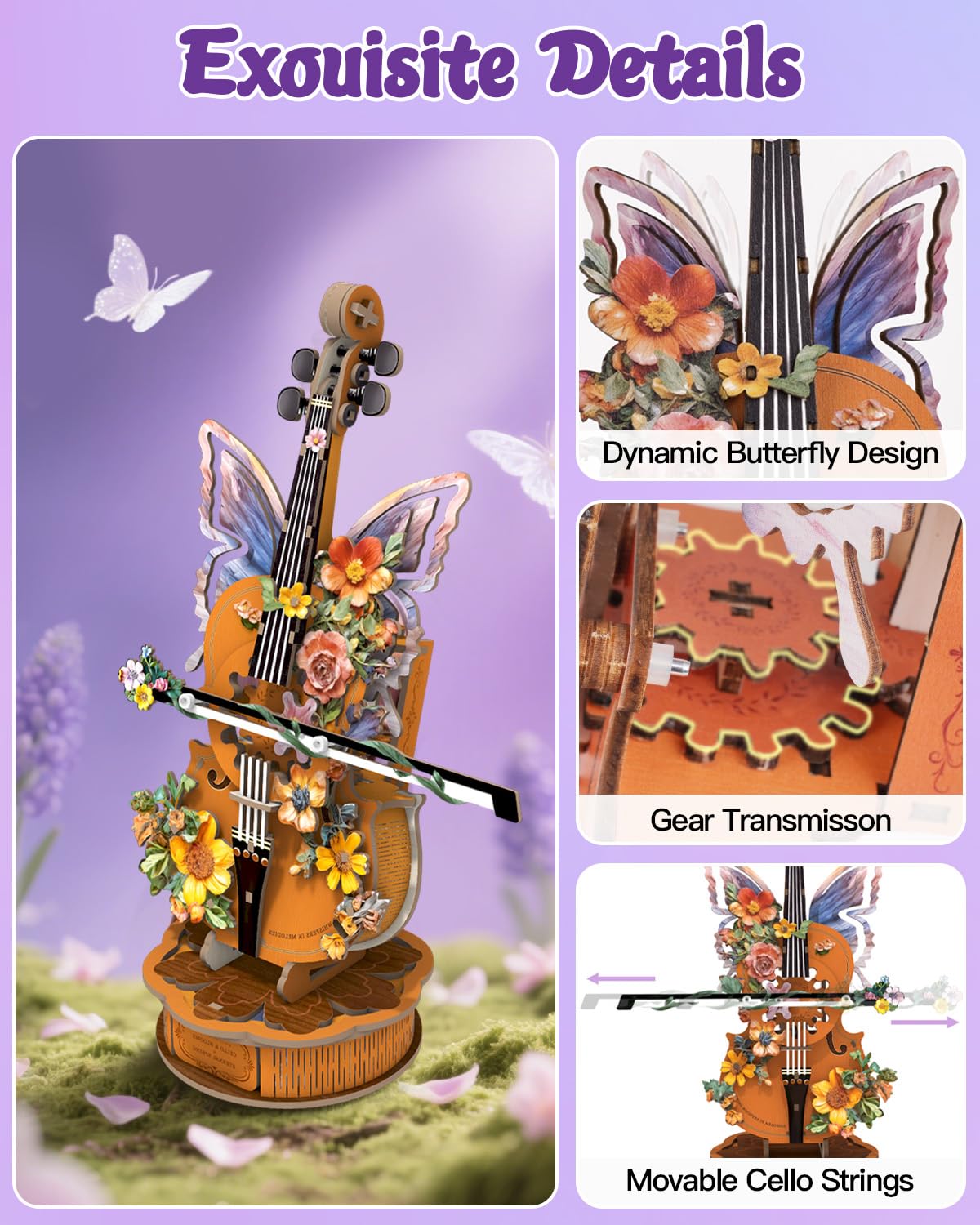Rnfinewow 3D Wooden Puzzles for Adults, DIY Cello Model Kit with Base, 80pcs Wooden Music Box Desk Birthday Hobbies Craft for Women Men Home Decor