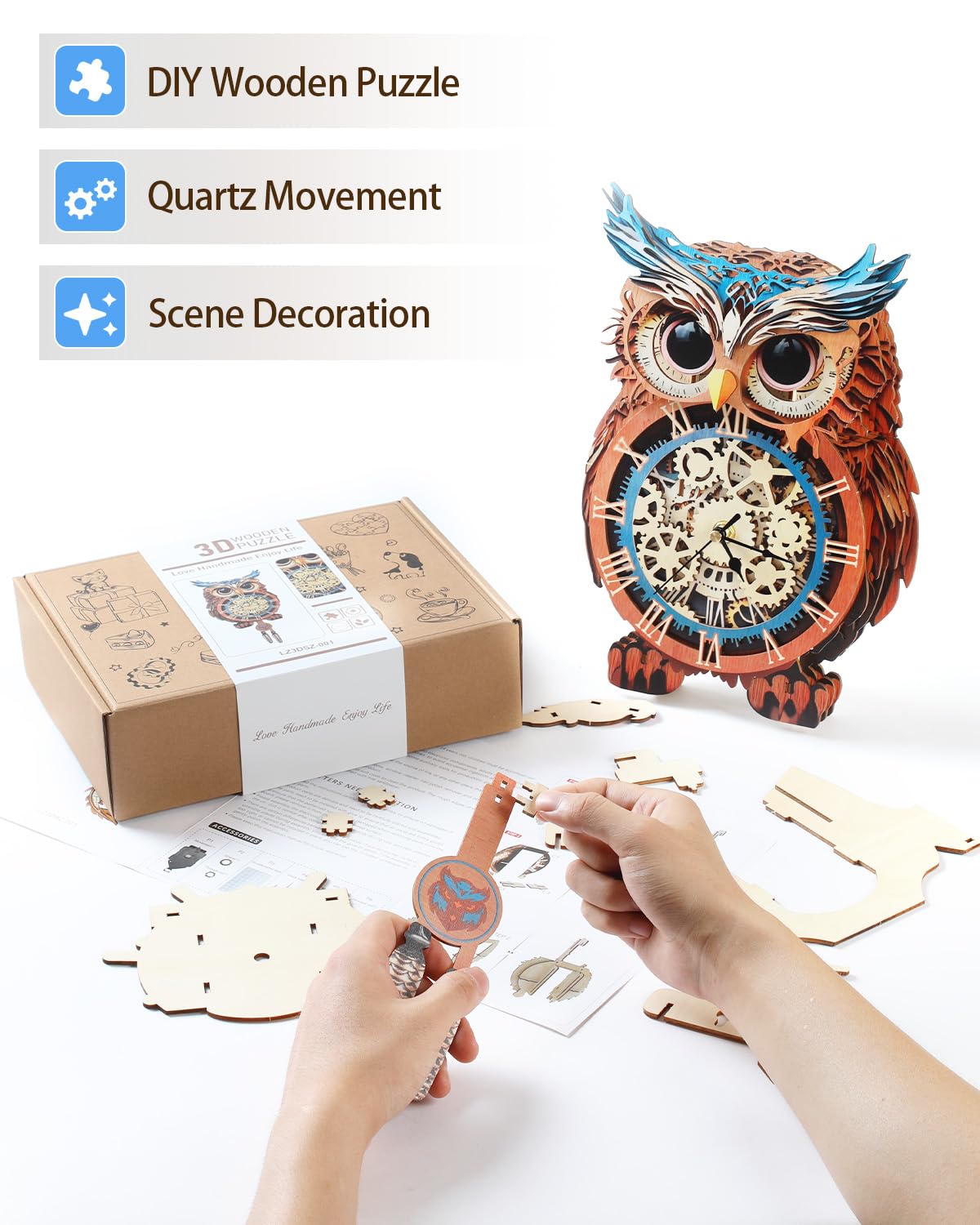 Rnfinewow 3D Wooden Puzzles for Adults, Owl Clock with Pendulum Model Kit, 3D Puzzles for Adults Room Home Decor DIY Wall Clock Kit, Holiday Birthday Christmas Day Gifts for Men Women Teens