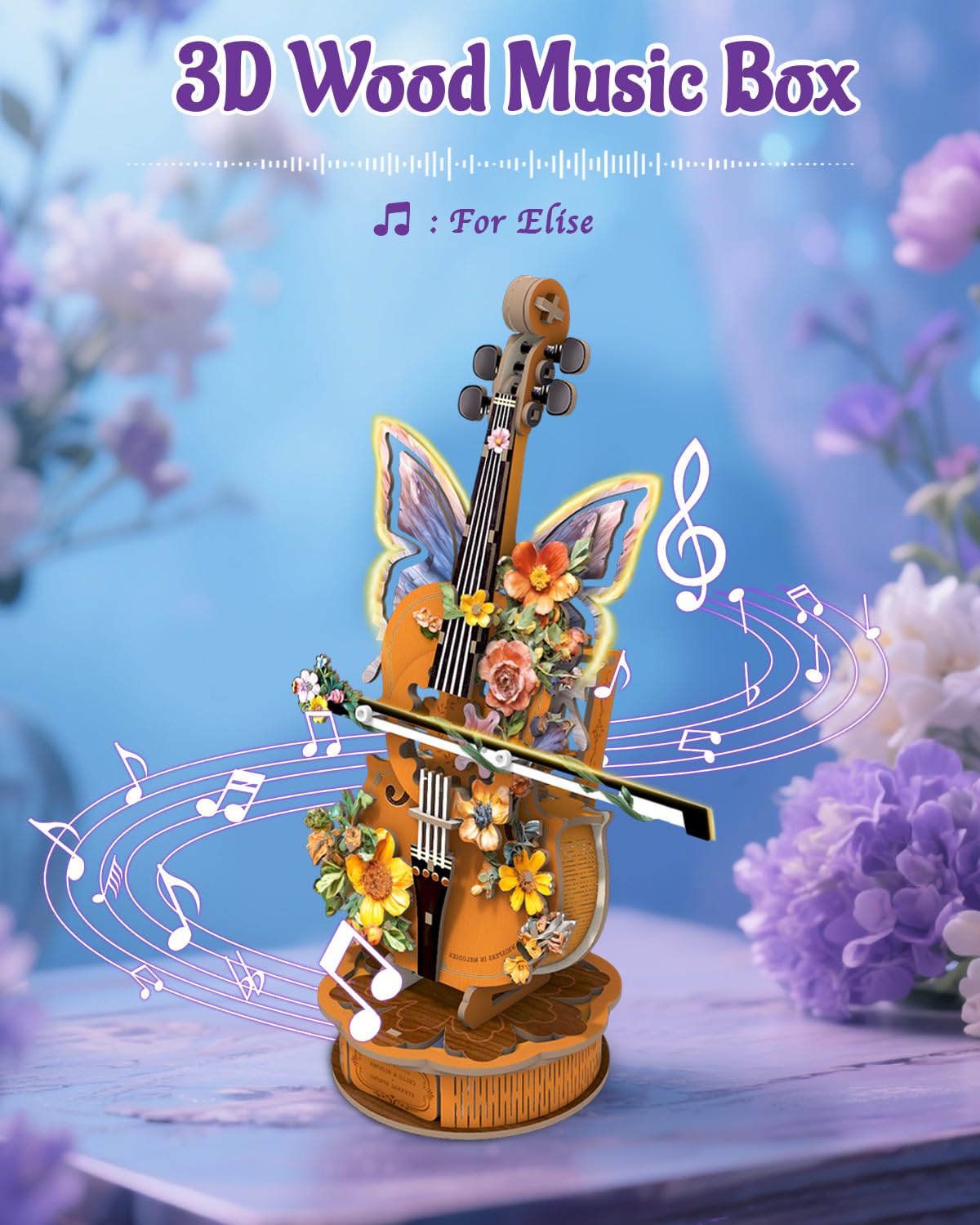 Rnfinewow 3D Wooden Puzzles for Adults, DIY Cello Model Kit with Base, 80pcs Wooden Music Box Desk Birthday Hobbies Craft for Women Men Home Decor