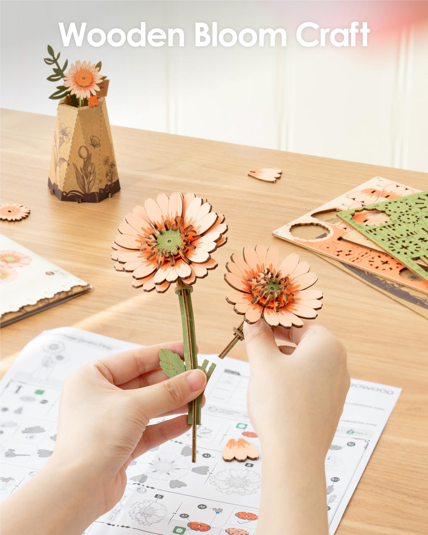 rowood 3D Puzzles for Adults,DIY Wooden Flower Building Craft Kits for Women,Christmas/Birthday Gift- Orange Gerbera Daisy
