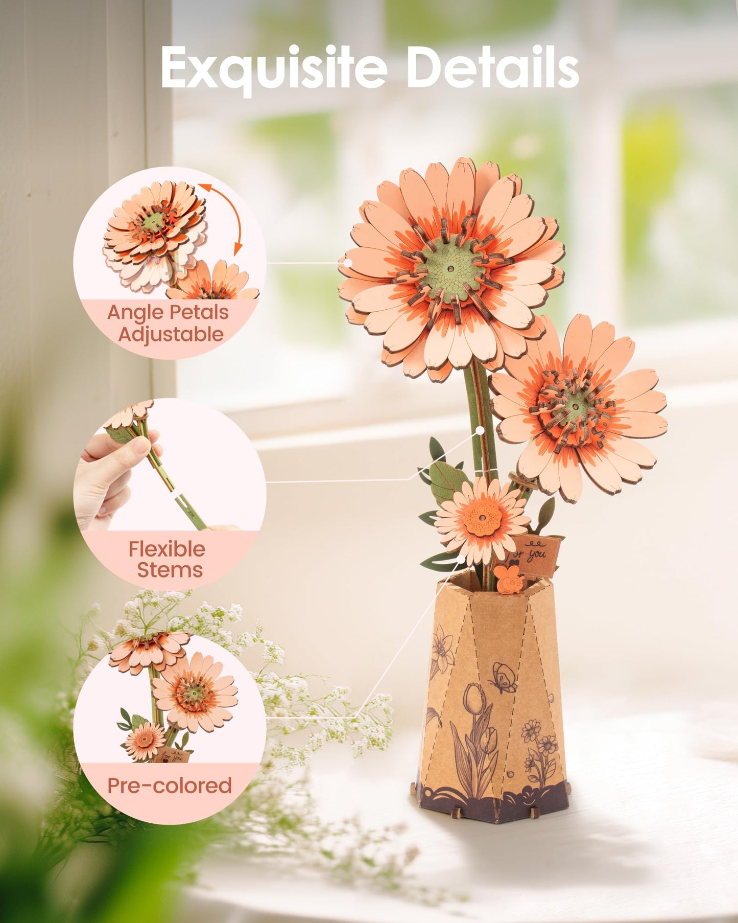 ROBOTIME 3D Puzzle Light Orange Gerbera Daisy TW111, DIY Wooden Flower Craft, Artificial Flowers Model Kit to Assemble for Adults, Home Decoration and Valentine's Day Toy Gift Set
