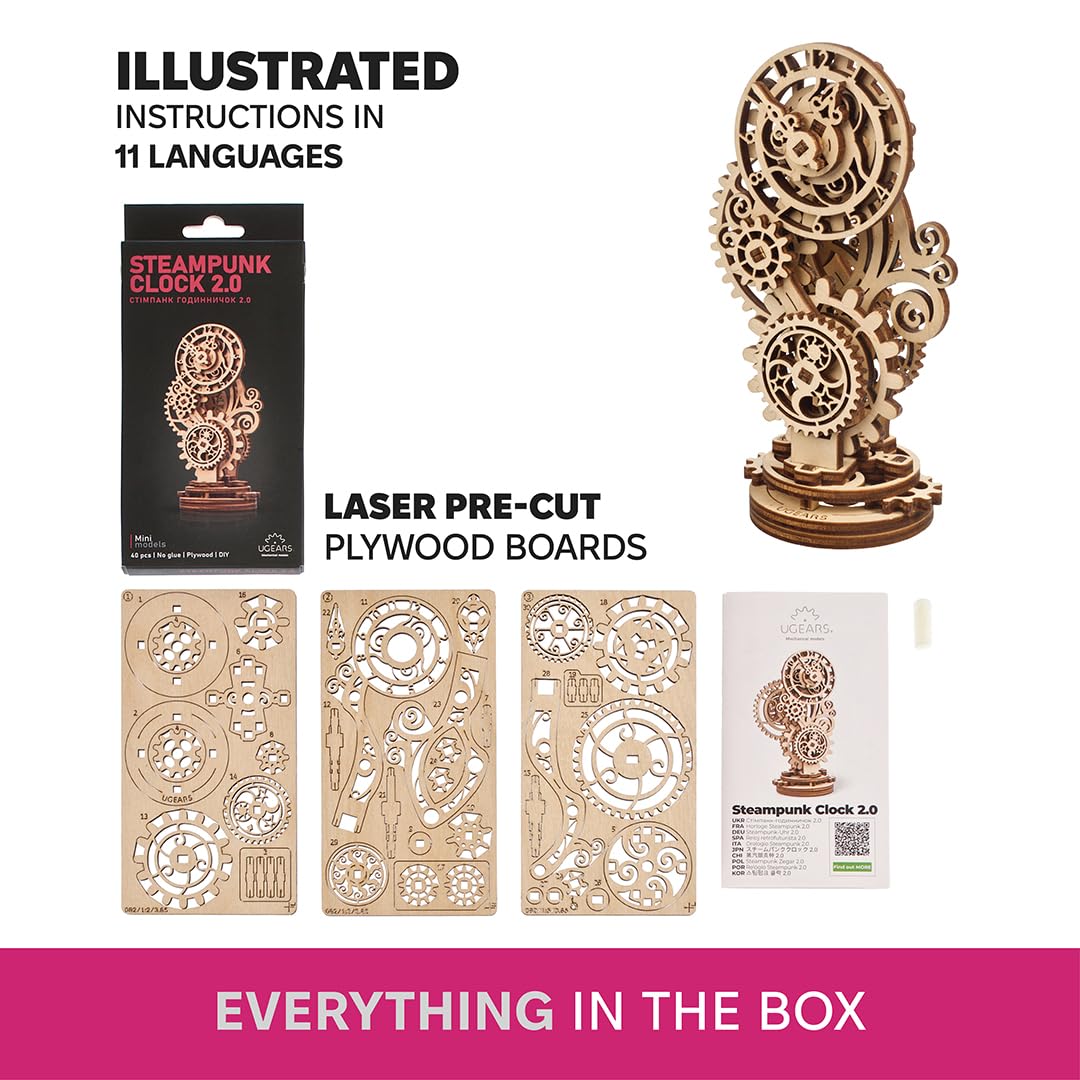 Ugears Steampunk Clock 3D Wooden Puzzle - Mechanical Wooden Clock - Adult Model Kits for Christmas and New Year - Magnificent Home Decoration