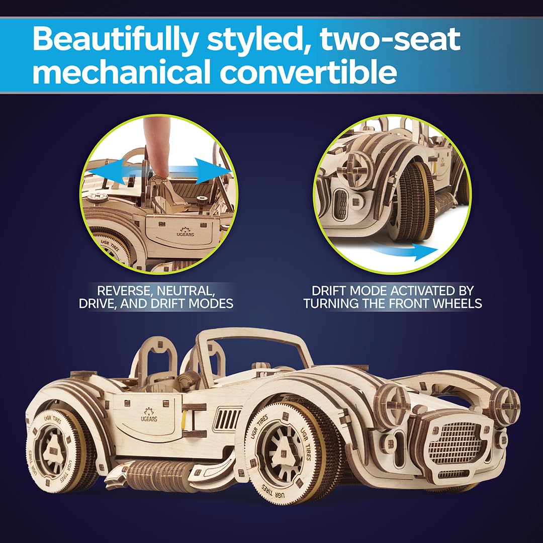 UGEARS Drift Cobra Racing Car Puzzle - Wooden 3D Puzzles for Adults to Build with Powerful Spring Motor - Wood Mechanical Models Building Kit for Fathers Day - Retro Hobbies for Men - 370 Pcs