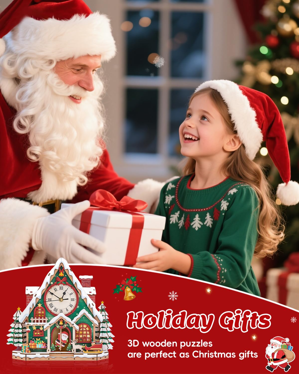 Swathie 3D Wooden Puzzles for Adults, Christmas House Clock with Pendulum Model Kit, 3D Puzzles for Adults Room Home Desk Decor DIY Clock Kit, Holiday Birthday Christmas Day Gifts for Men Women Teens