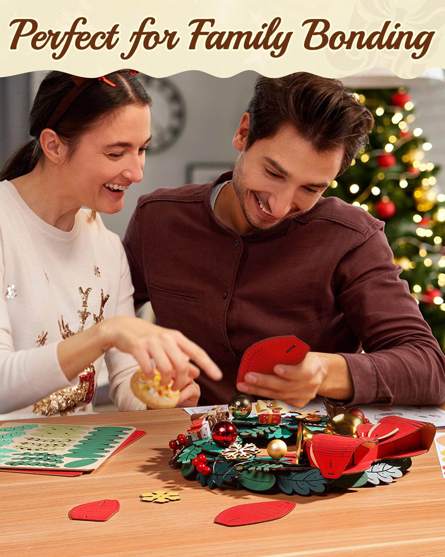 ROBOTIME Christmas Wreath with Red Bow, Pine Cones, Berries & Bells 3D Wooden Puzzles for Adults Creative Gifts for Holiday Window Fireplace Door Decorations