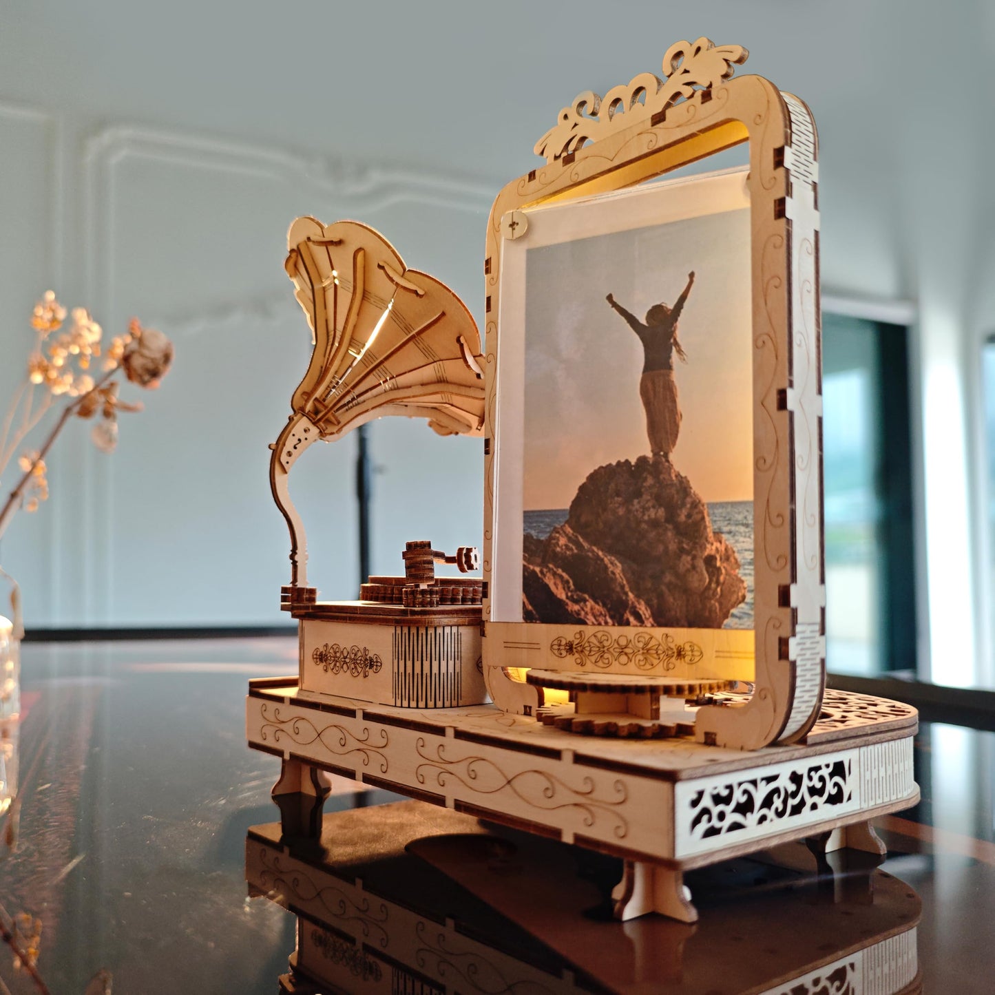 KWASVLYA 3D Wooden Gramophone - Dual-Motion Music Box & Rotating Photo Frame with LED Lights | Vintage Gram-Style Memory Display | 3-Hour Assembly Puzzle (Holds 3x5 Photos)