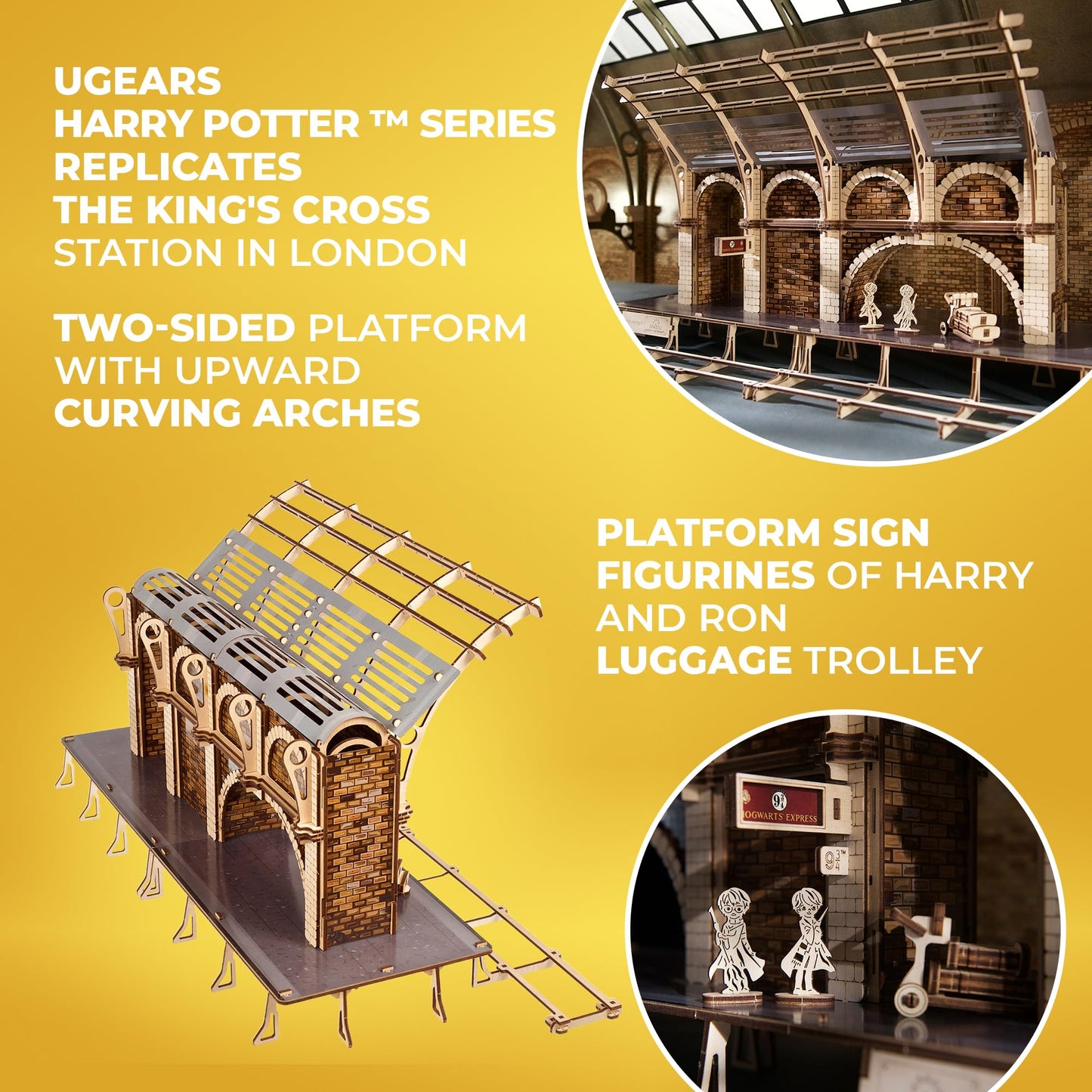 UGEARS Harry Potter Platform 9 ¾ 3D Puzzle - Wooden Model Kits for Adults To Build - Mechanical Wooden Model Kit - Compatible with Ugears Hogwarts Express Train - 3D Wooden Puzzle includes 2 Figurines