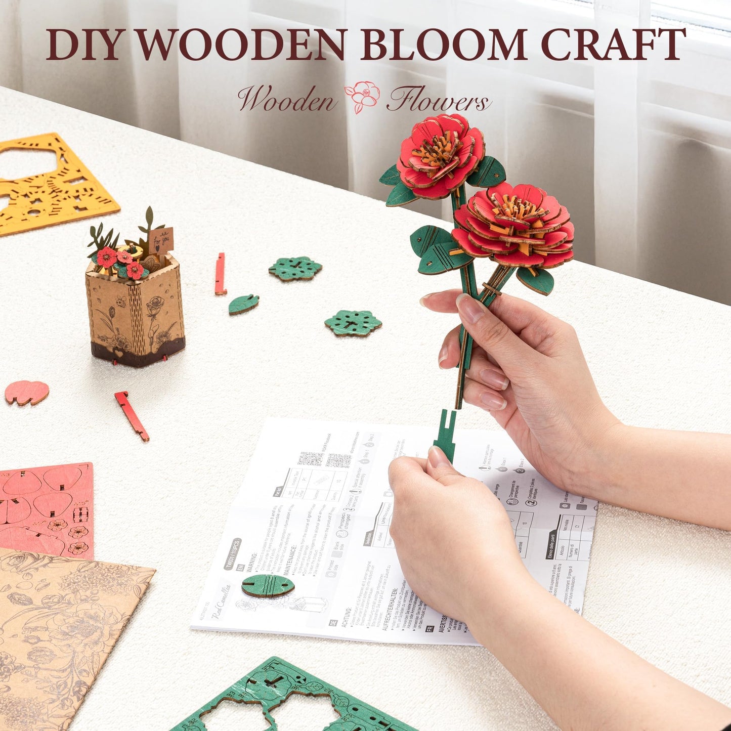 ROBOTIME 3D Puzzle Wooden Flower Red Camellia DIY Model Kit to Build for Adults Artifical Bouquet Collection Craft Brain Teaser Puzzle Creative Gift Home Decor