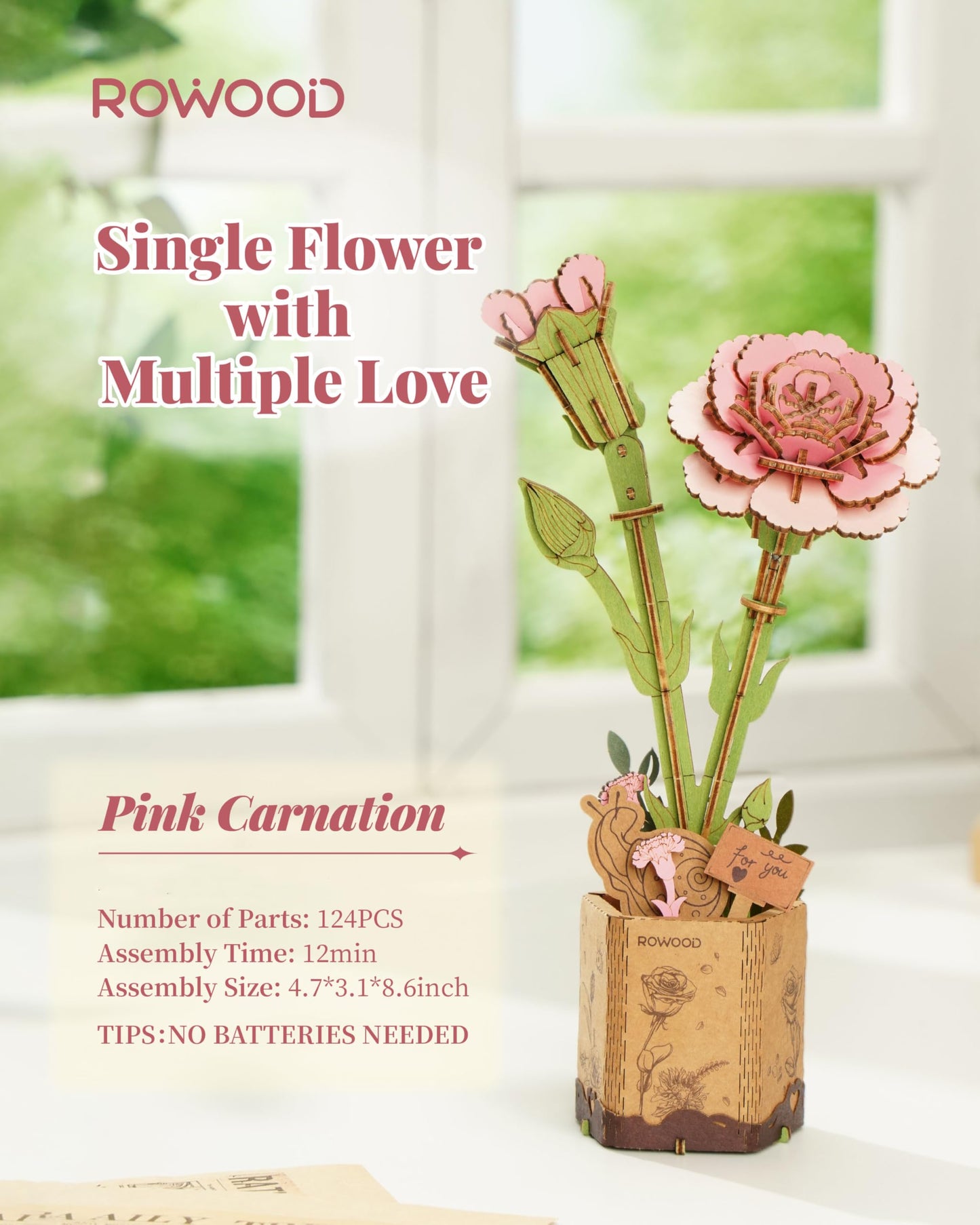 rowood 3D Puzzle Wood Flower,DIY Artifical Flower Building Set Craft Kit for Women,Mother's Day/Valentine's Day/Teacher's Day/Thanksgiving/Christmas/Birthday Gift -Pink Carnation