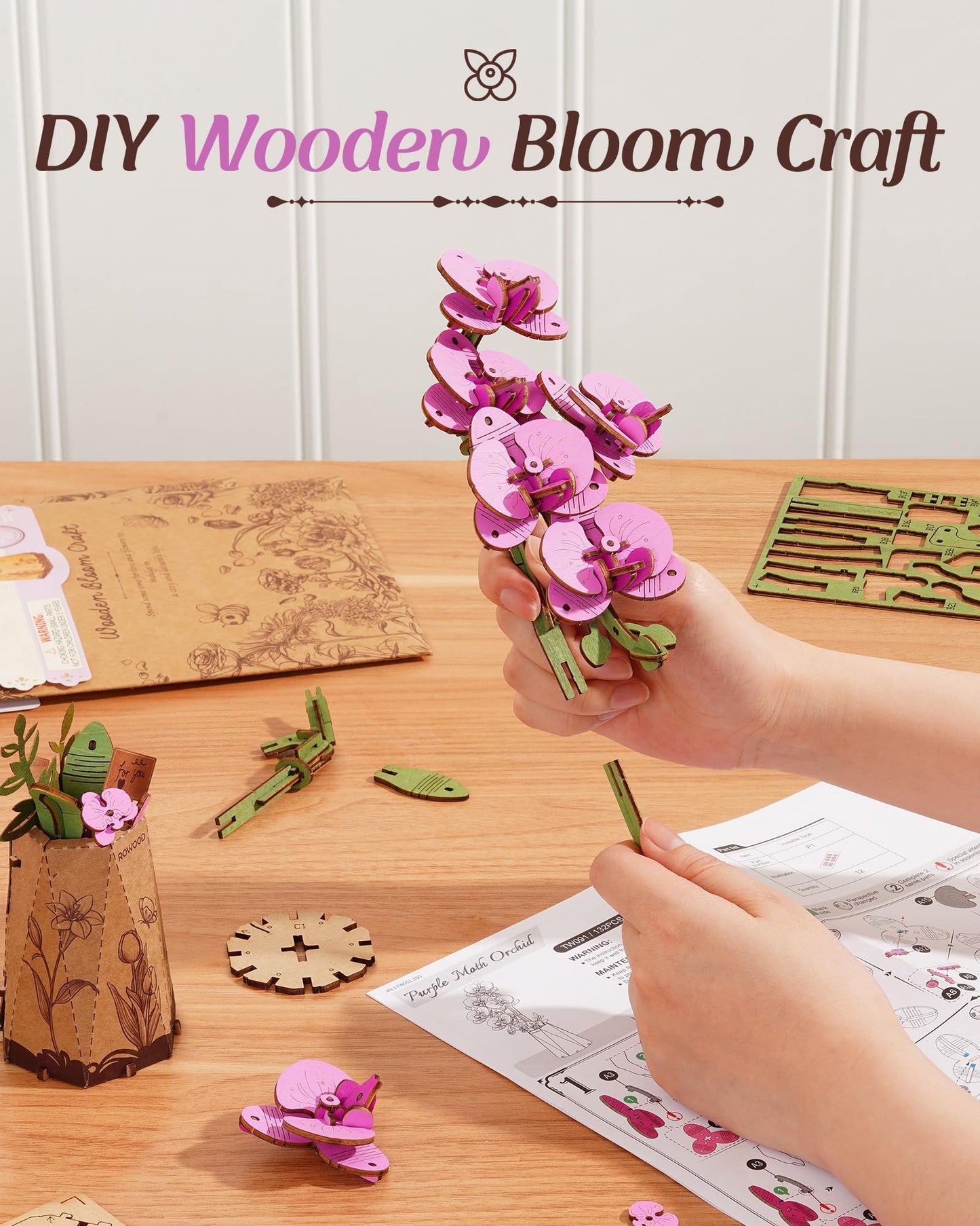 rowood Wooden Flower,3D Puzzles for Adults,Artifical Flower Botanical Collection Building Craft Kit,Mother's Day/Valentine's Day Purple Moth Orchid