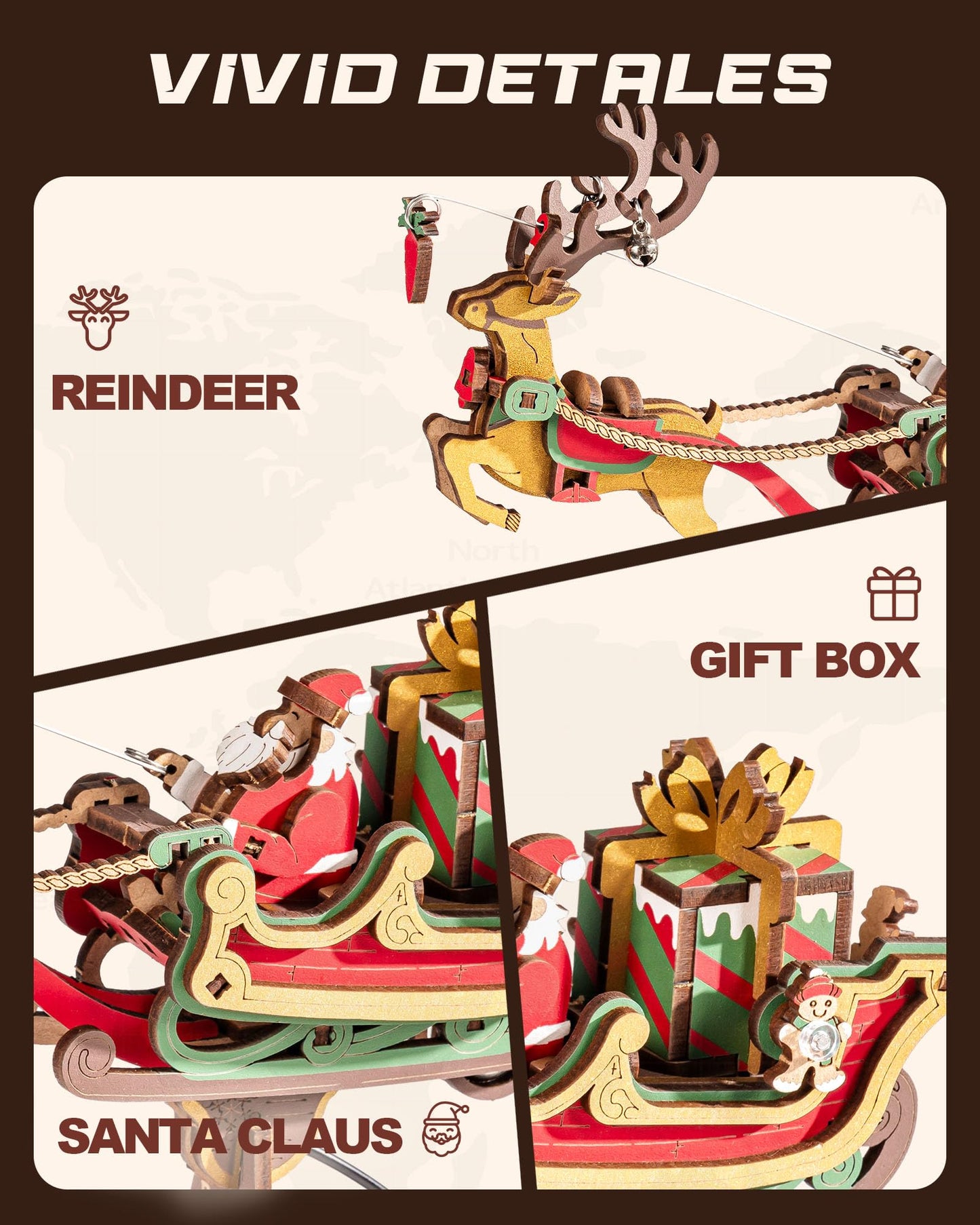 ROKR 3D Wooden Puzzle Santa on Sleigh Gravity Swing Series Wooden Model Kits DIY Dynamic Balance Christmas Decor,Mechanical Model Building Kit, for Teens and Adults