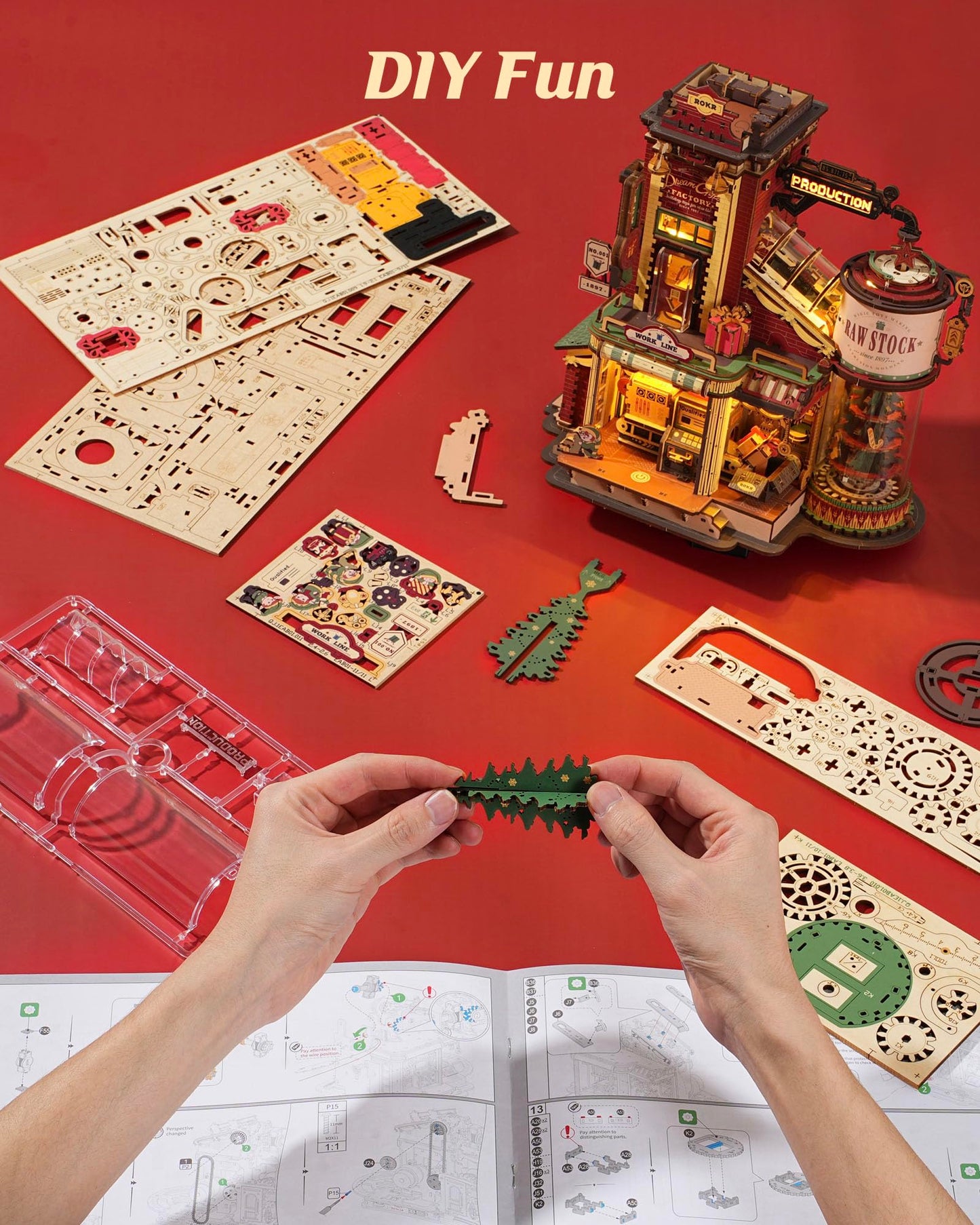 ROKR 3D Wooden Puzzle for Adult - Gift Factory Mechanical Model Kit with Music & Lights, 449pcs Adult Wooden Puzzles, DIY Building Toy for Teens & Adults