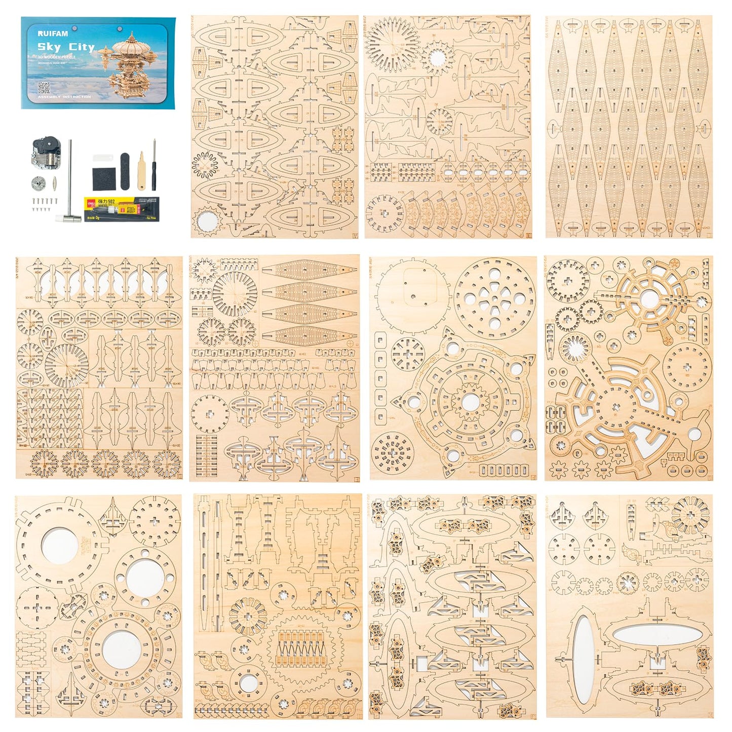 RUIFAM 3D Wooden Puzzles for Adults, SkyCity Music Box Model Kit, 600+ Pcs Cityscape Design, Challenging Mechanical DIY Craft, STEM Toy and Unique Gift for All Occasions