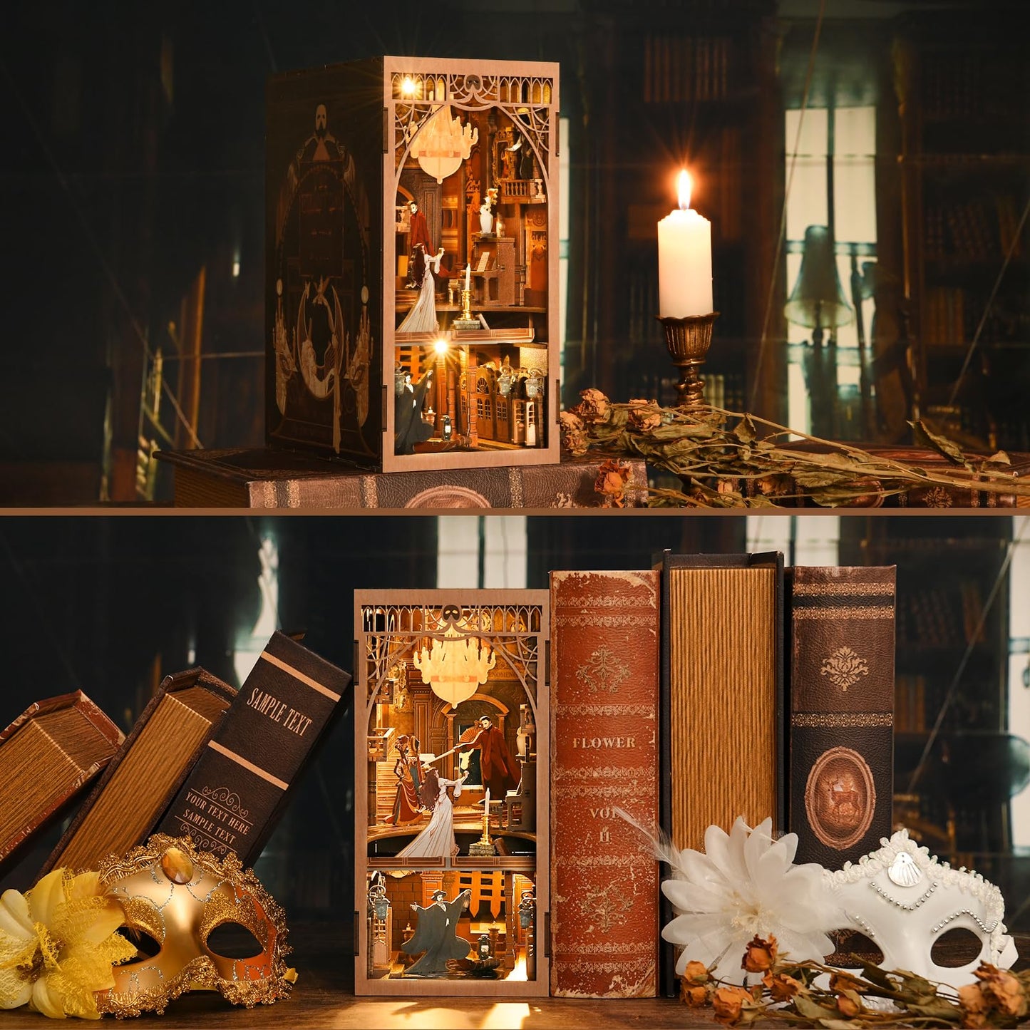 CCCDF Book Nook Kit, DIY Miniature Dollhouse Booknook Kit, 3D Wooden Puzzle Bookend Bookshelf Insert Decor with LED Light for Teens and Adults (Phantom of The Opera)